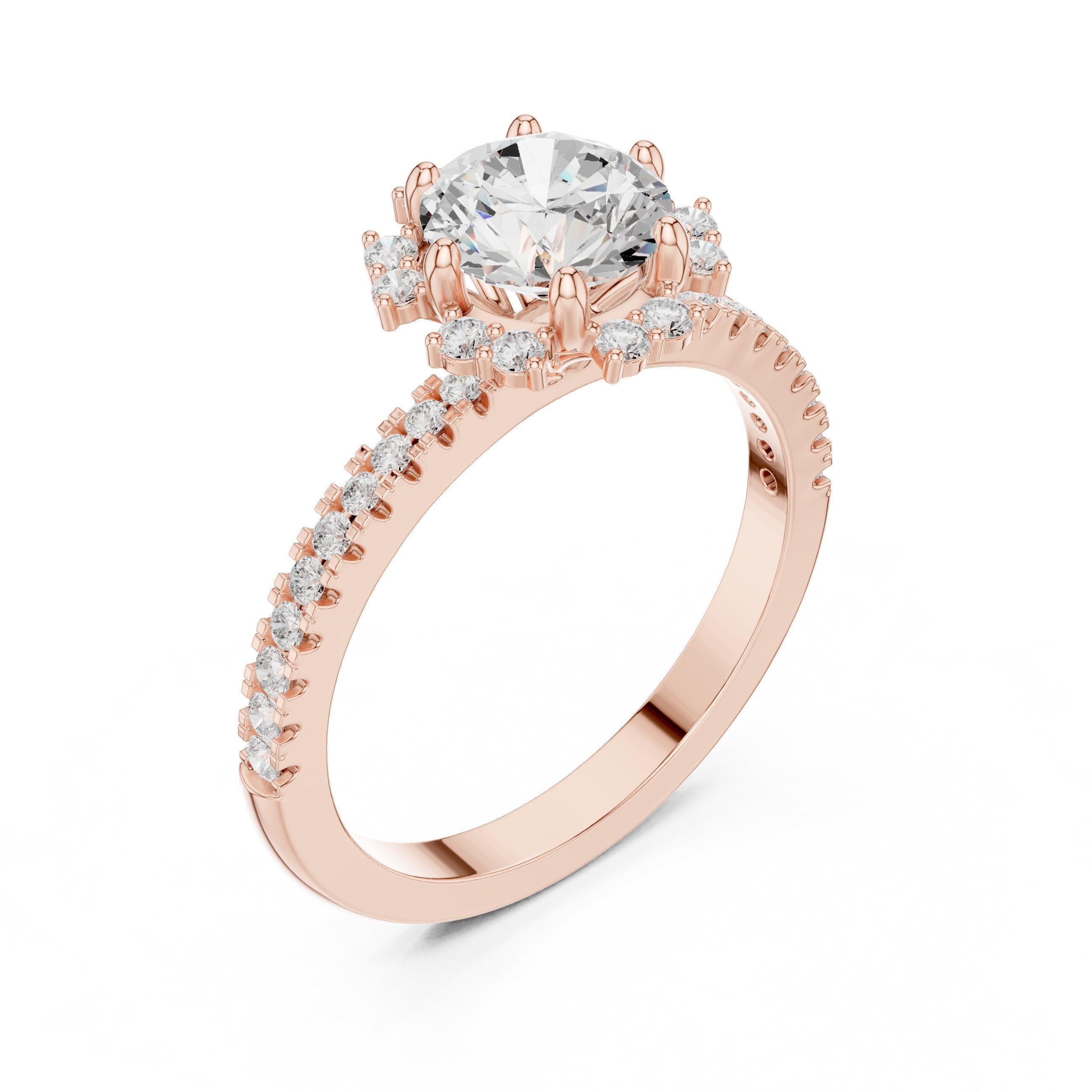 Round Diamond Flower Halo Engagement Ring with Pavé Band in Rose Gold - VYKA Diamonds