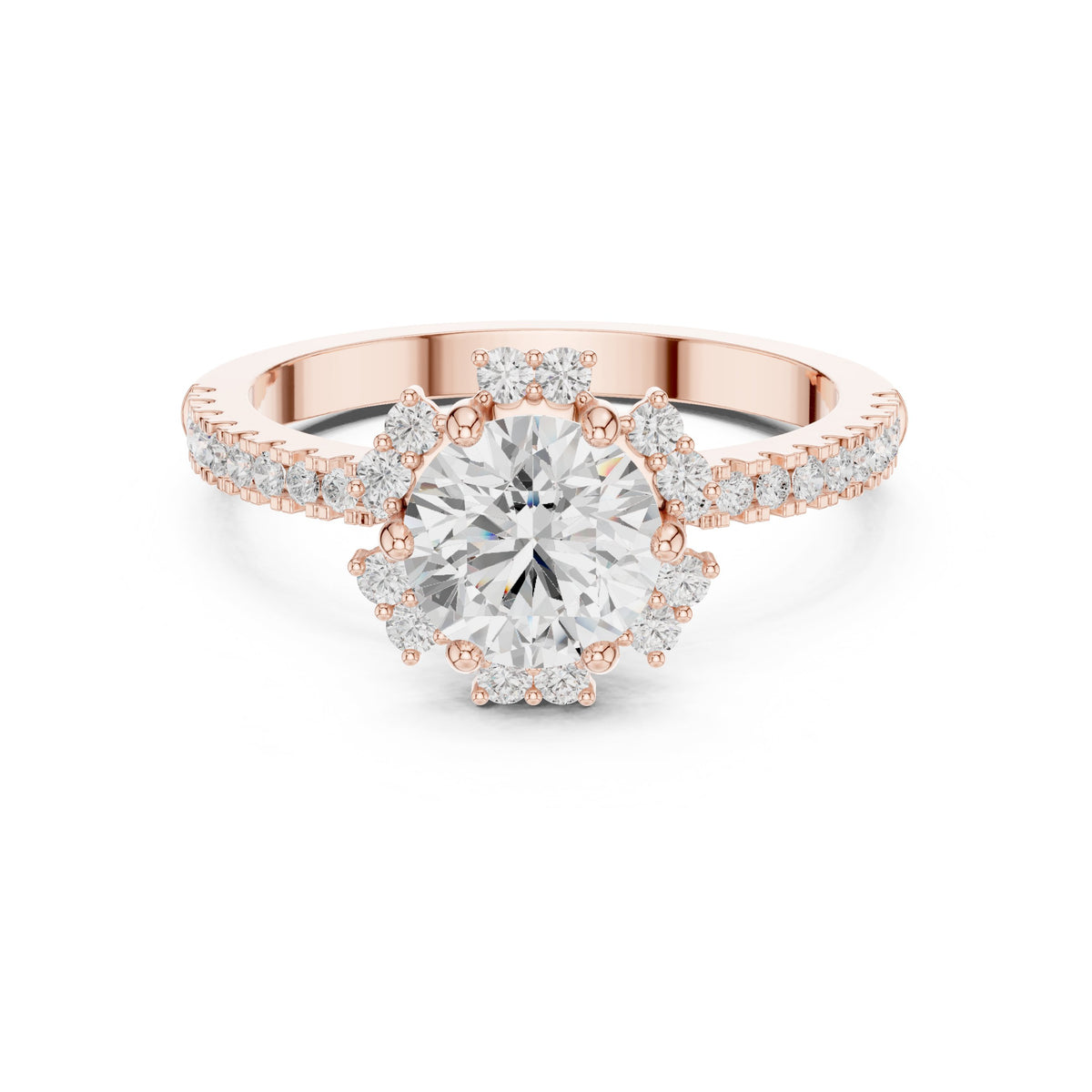 Round Diamond Flower Halo Engagement Ring with Pavé Band