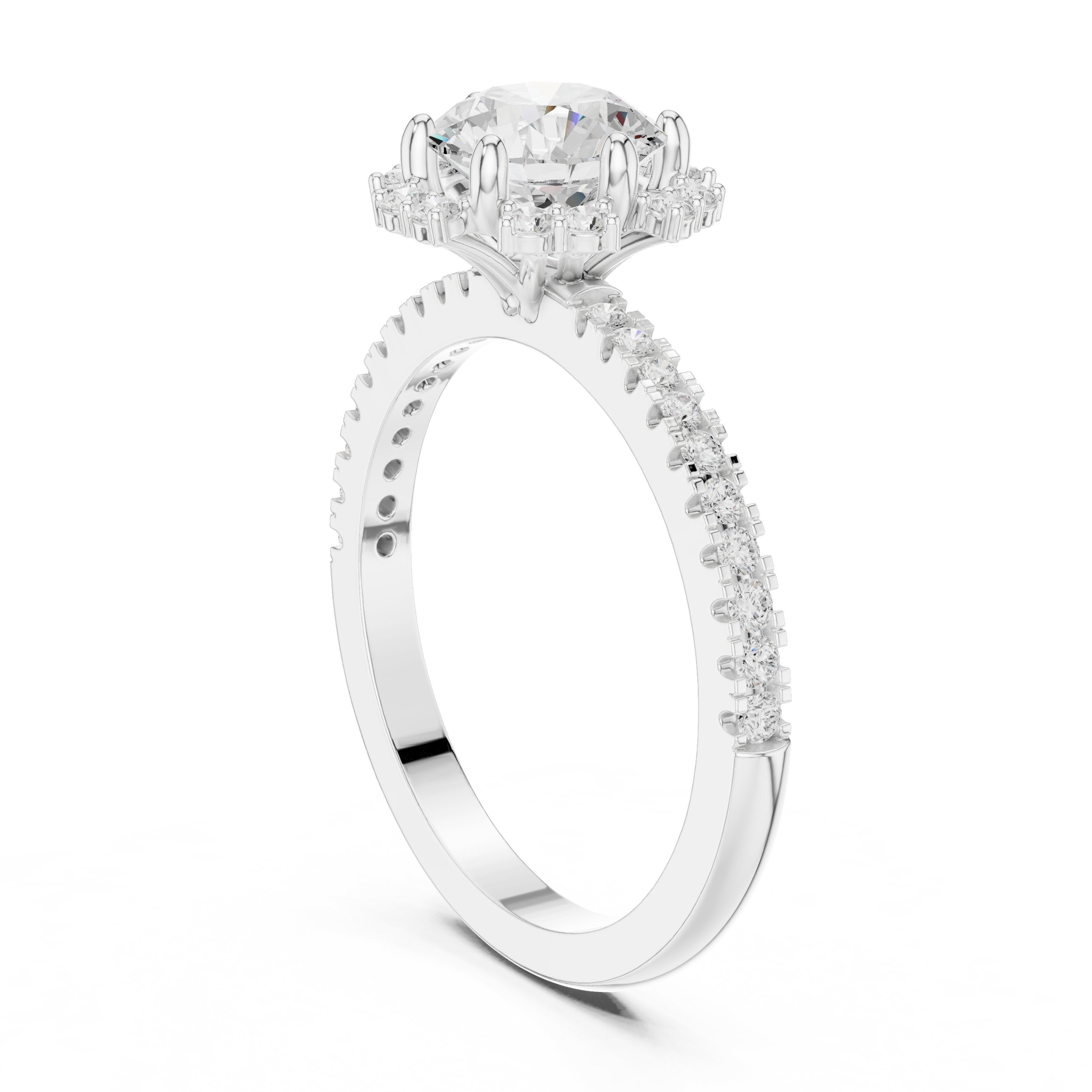 Round Diamond Flower Halo Engagement Ring with Pavé Band in White Gold - VYKA Diamonds
