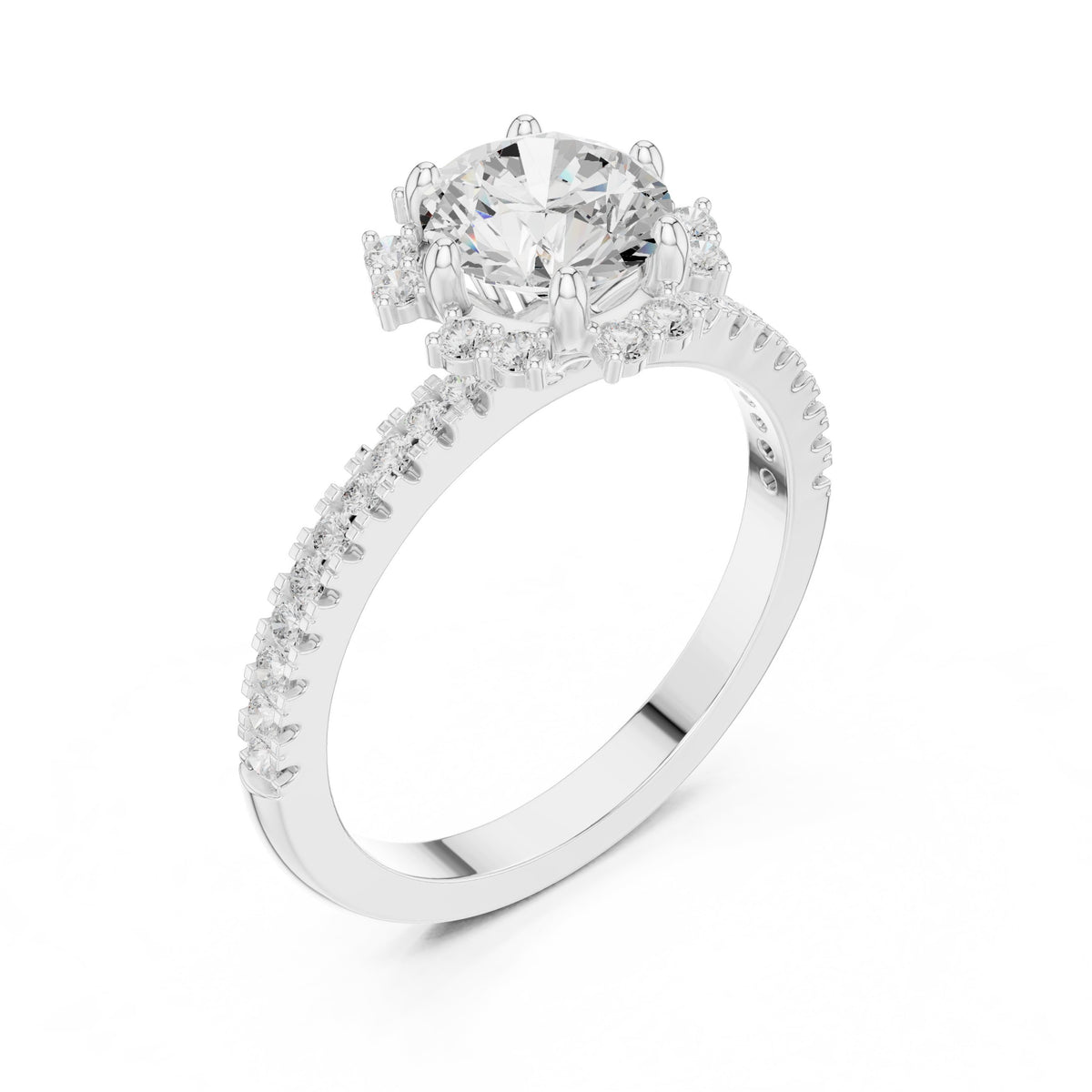 Round Diamond Flower Halo Engagement Ring with Pavé Band