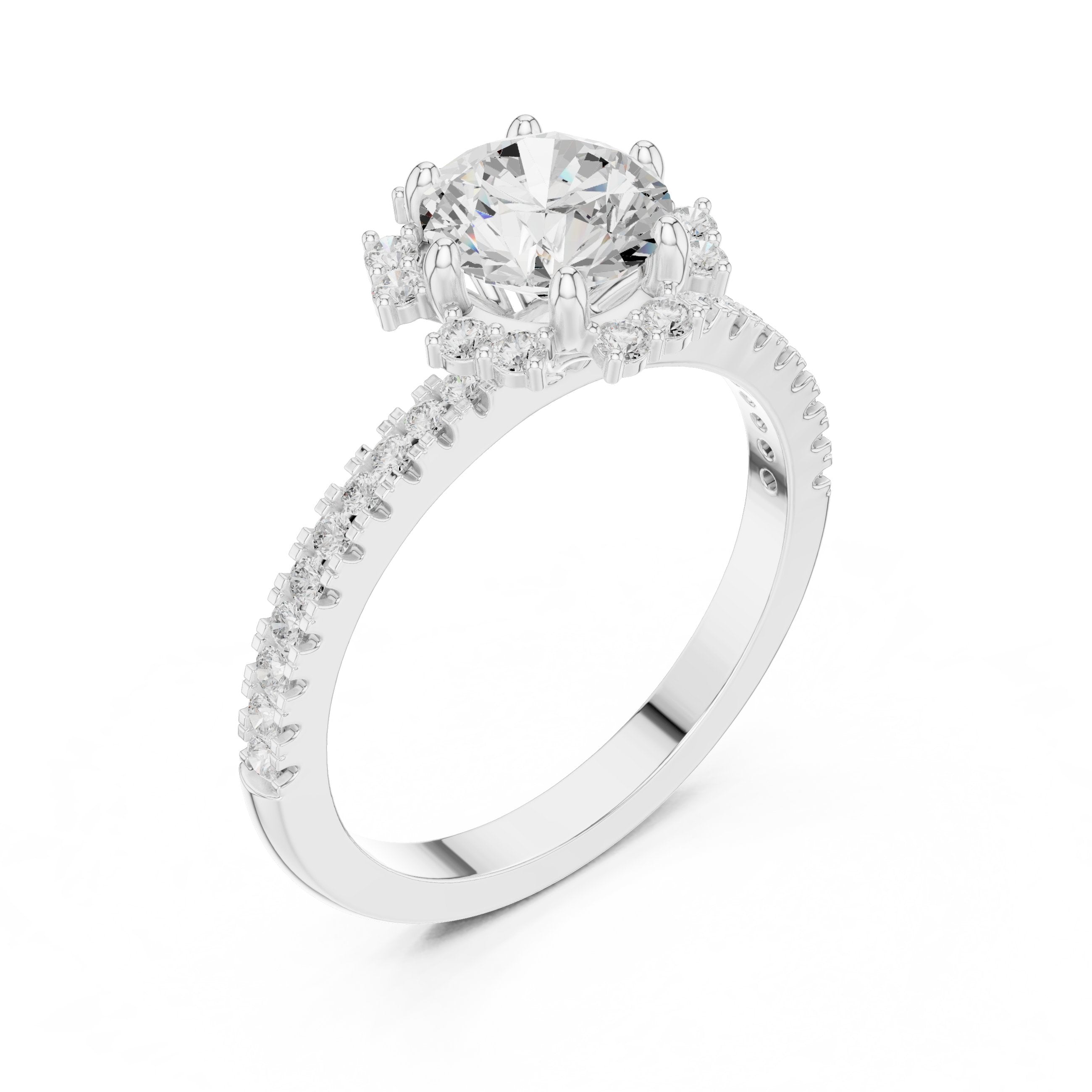 Round Diamond Flower Halo Engagement Ring with Pavé Band in White Gold - VYKA Diamonds