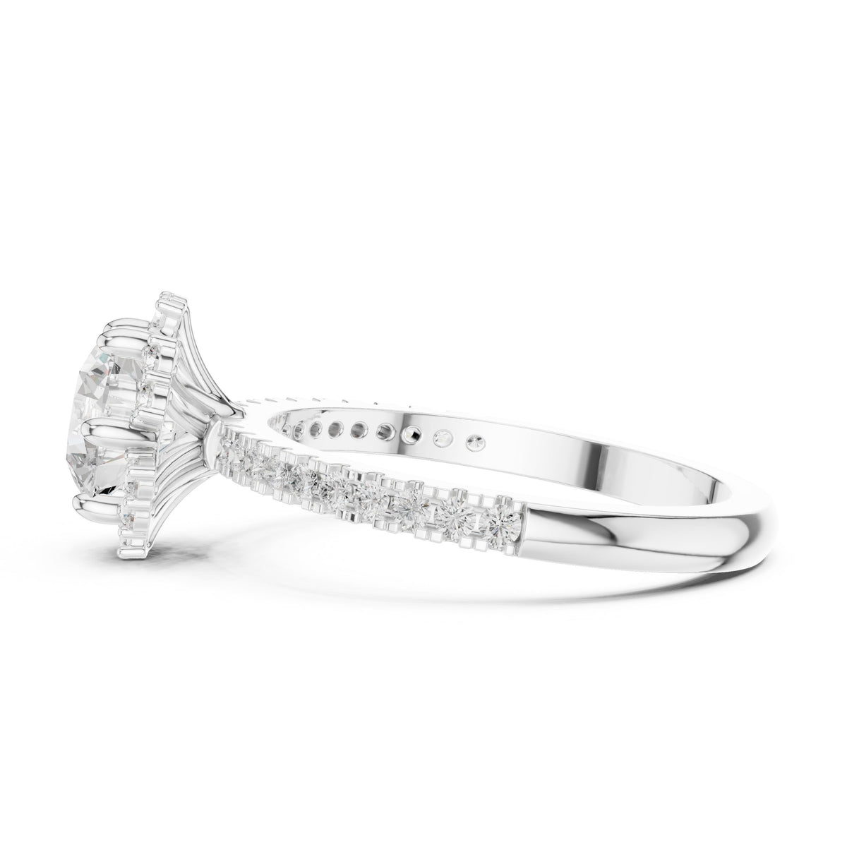 Round Diamond Flower Halo Engagement Ring with Pavé Band