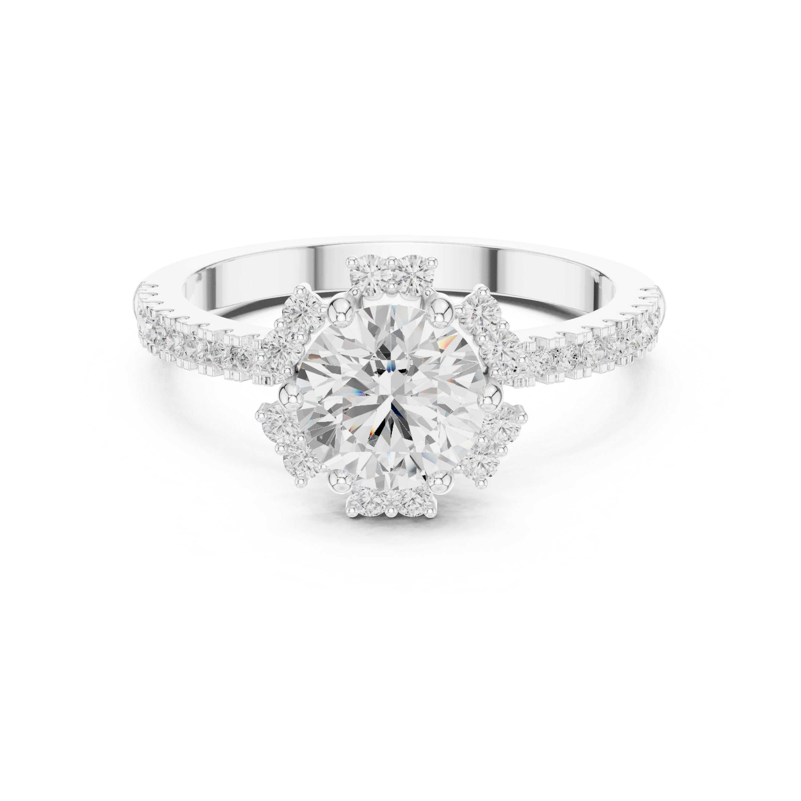 Round Diamond Flower Halo Engagement Ring with Pavé Band in White Gold - VYKA Diamonds