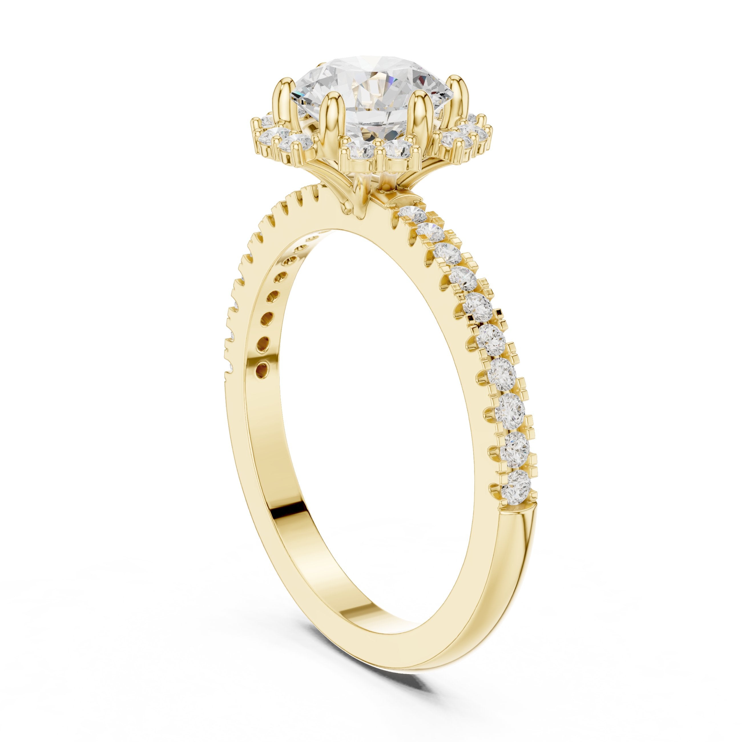 Round Diamond Flower Halo Engagement Ring with Pavé Band in Yellow Gold - VYKA Diamonds