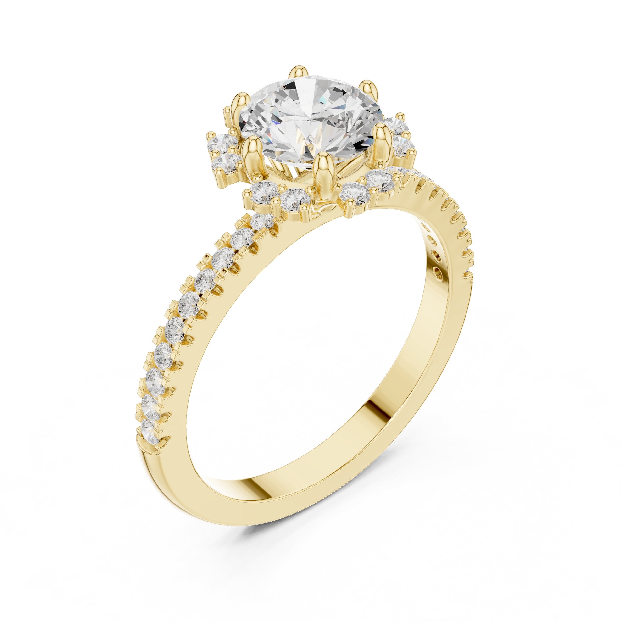 Round Diamond Flower Halo Engagement Ring with Pavé Band in Yellow Gold - VYKA Diamonds
