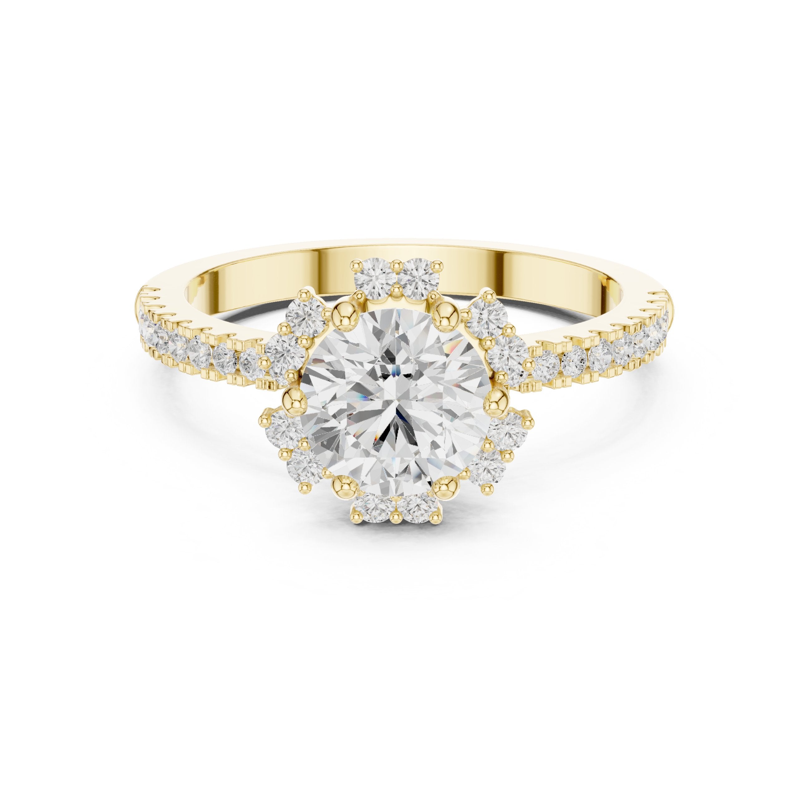 Round Diamond Flower Halo Engagement Ring with Pavé Band in Yellow Gold - VYKA Diamonds