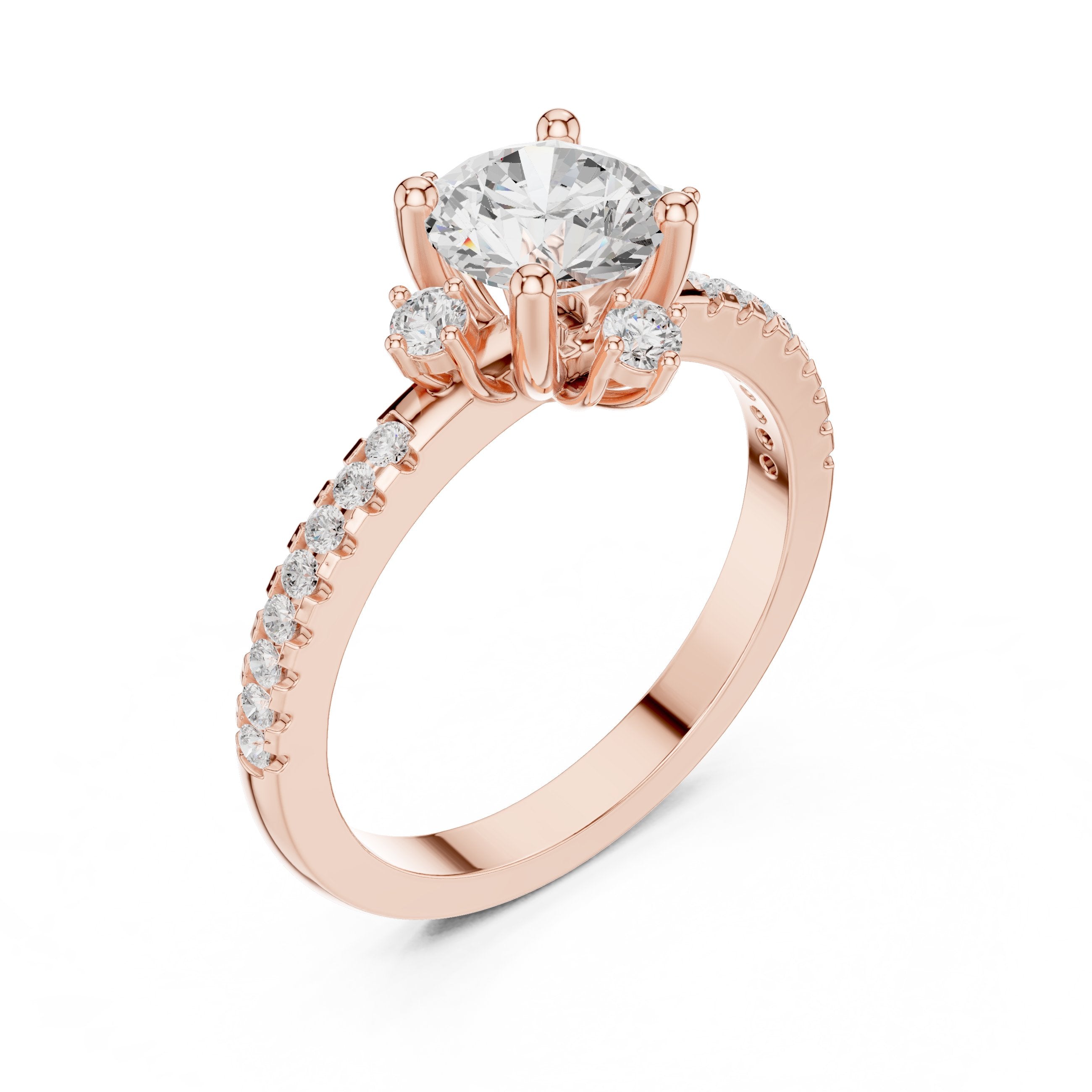Round Diamond Engagement Ring with Crown Top Accents and Pavé Band in Rose Gold - VYKA Diamonds