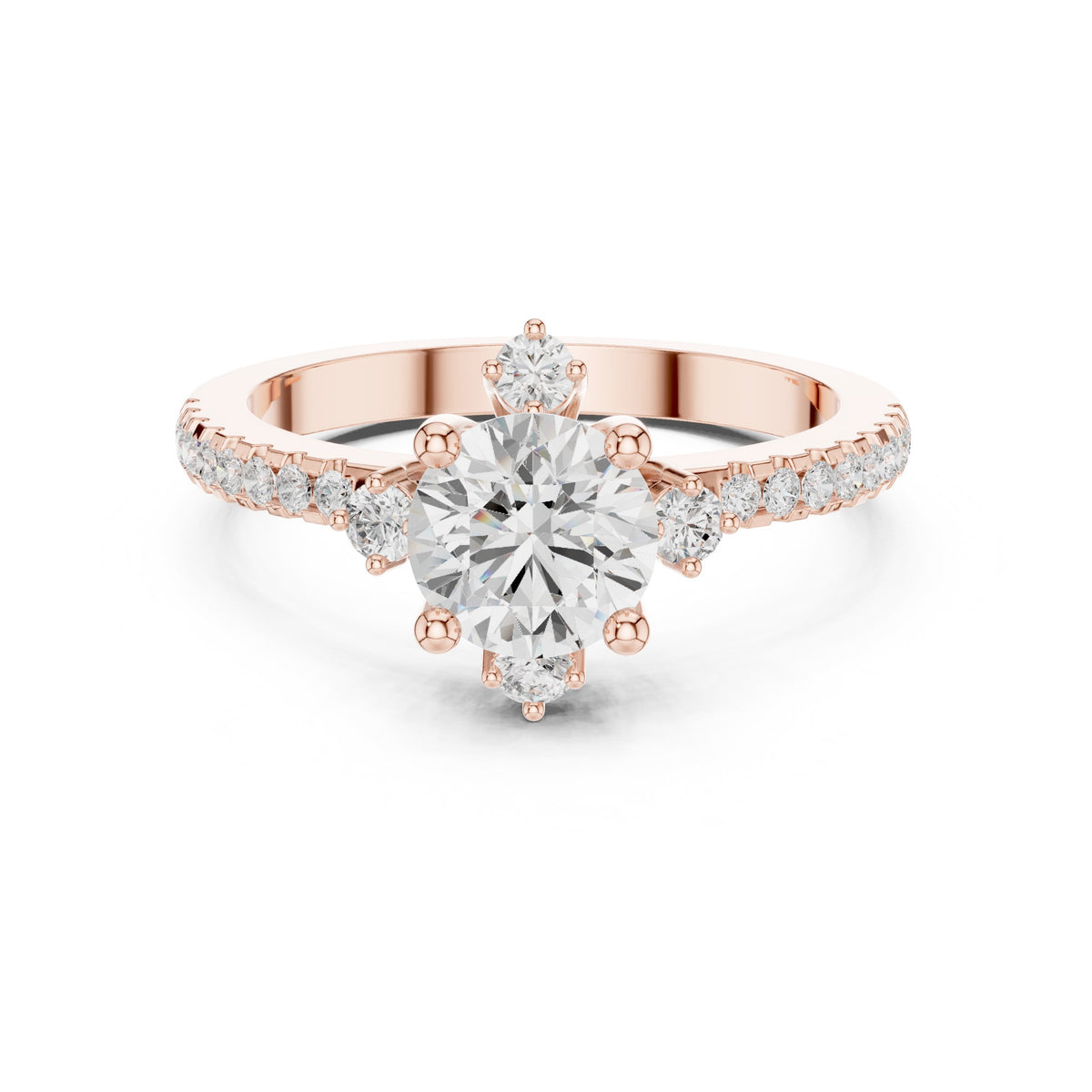 Round Diamond Engagement Ring with Crown Top Accents and Pavé Band