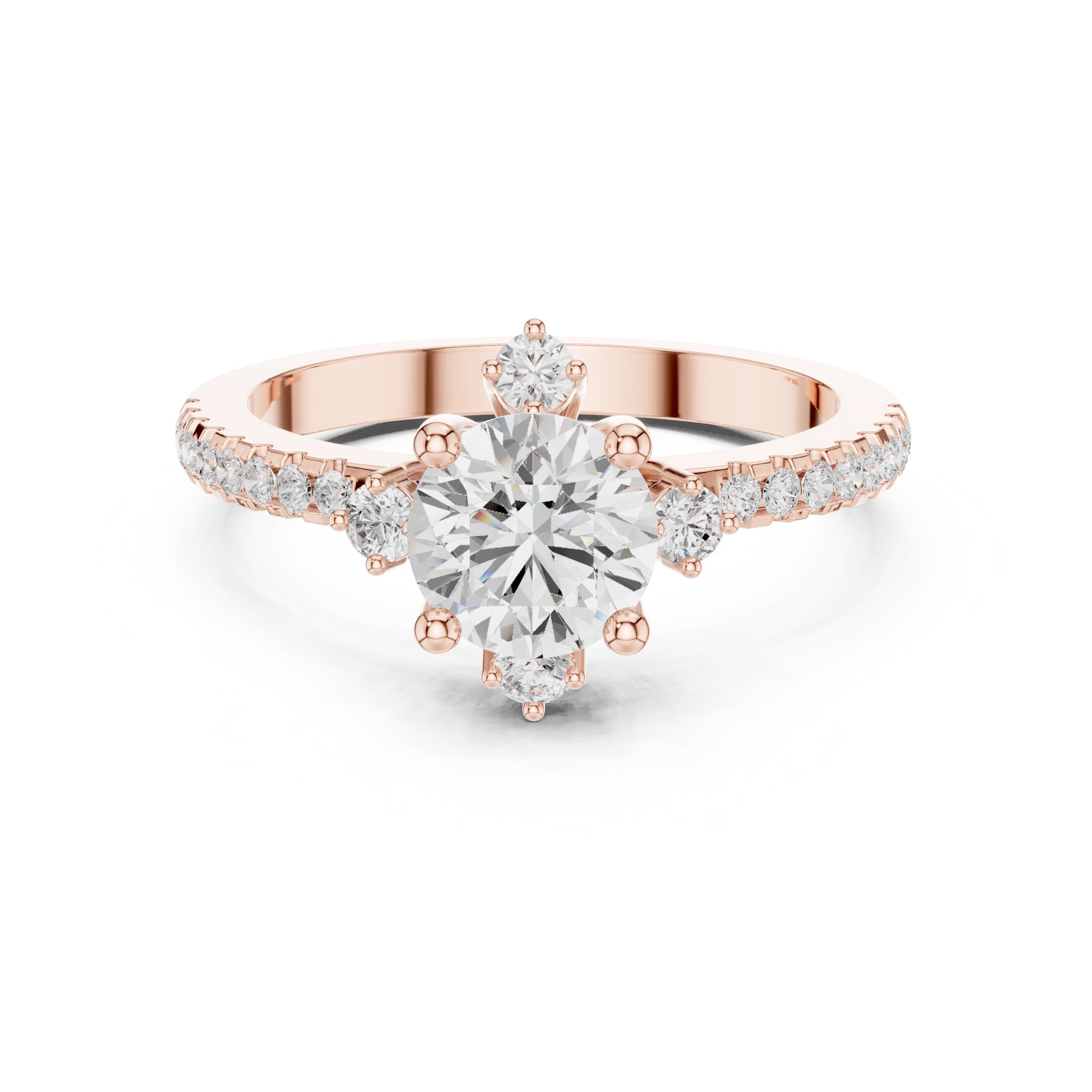 Round Diamond Engagement Ring with Crown Top Accents and Pavé Band in Rose Gold - VYKA Diamonds