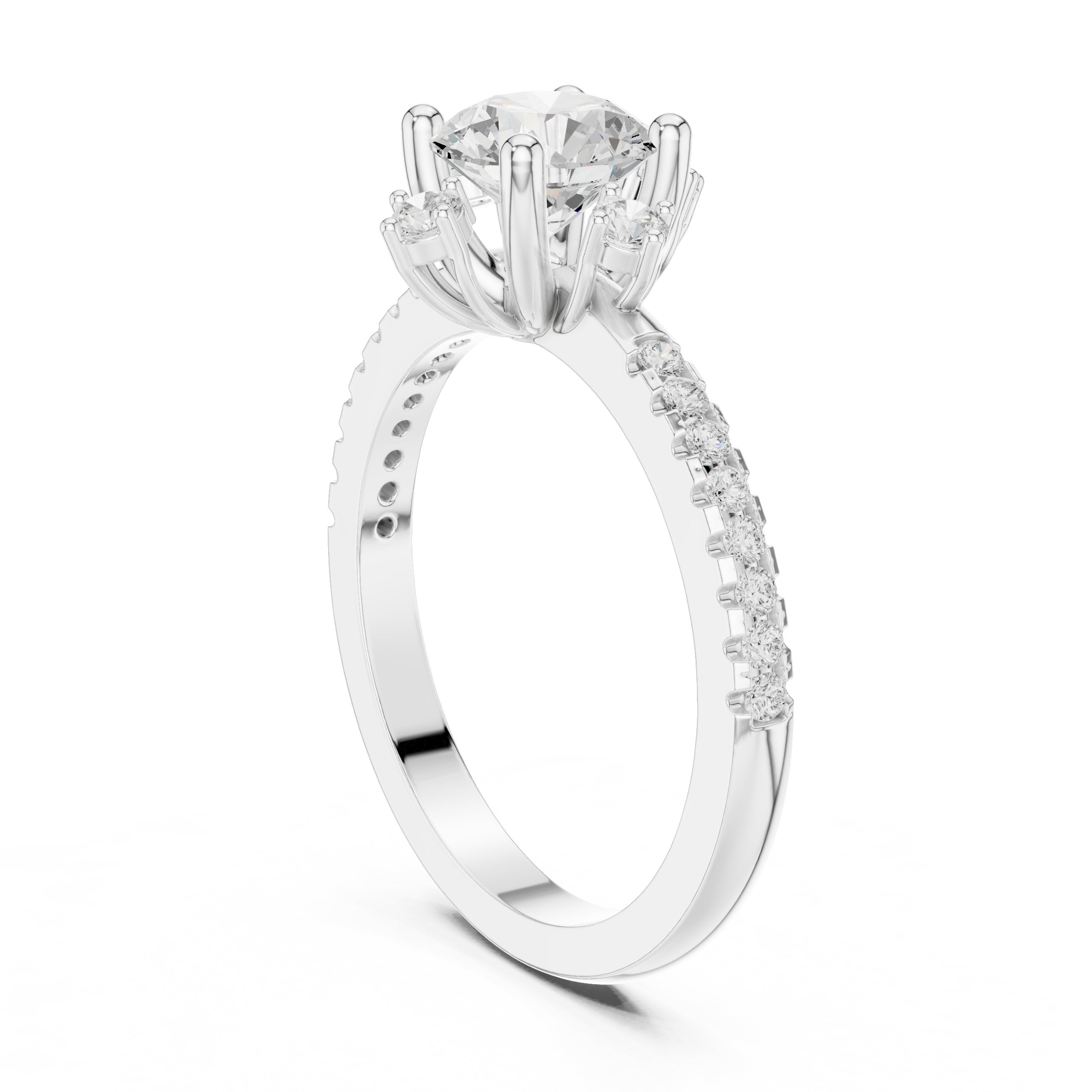 Round Diamond Engagement Ring with Crown Top Accents and Pavé Band in White Gold - VYKA Diamonds