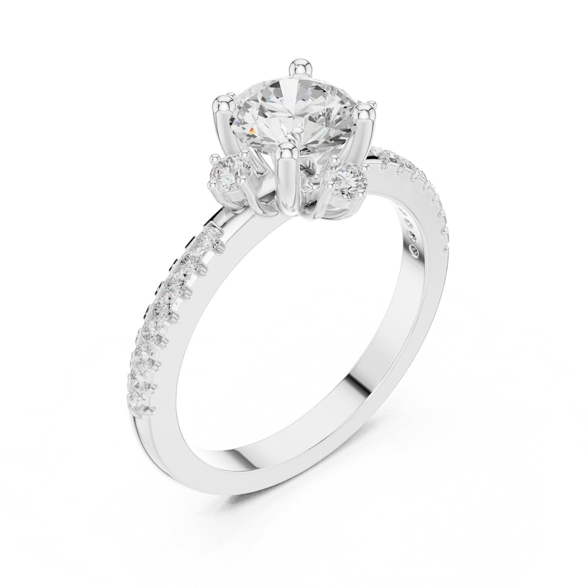 Round Diamond Engagement Ring with Crown Top Accents and Pavé Band