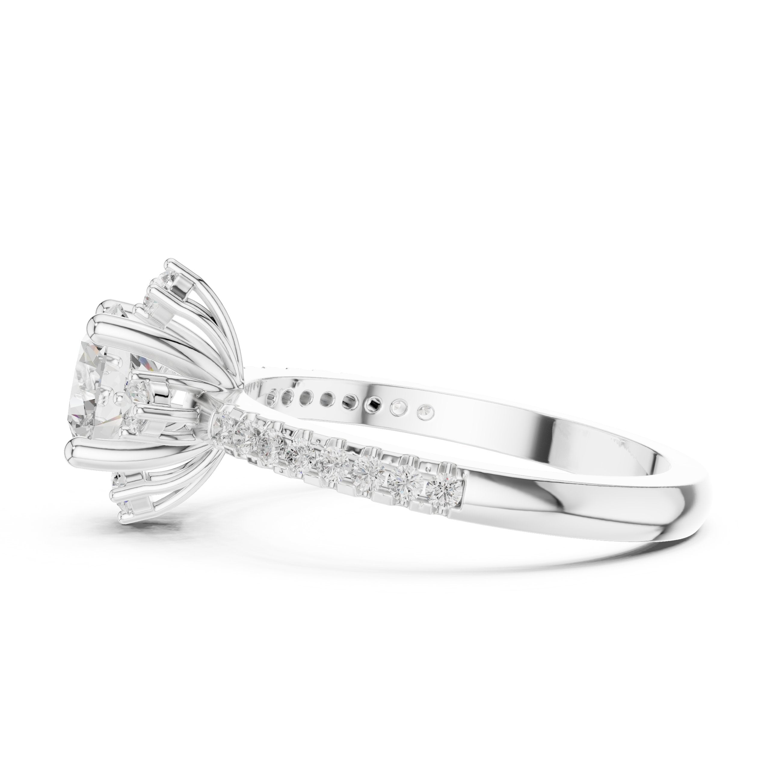 Round Diamond Engagement Ring with Crown Top Accents and Pavé Band in White Gold - VYKA Diamonds