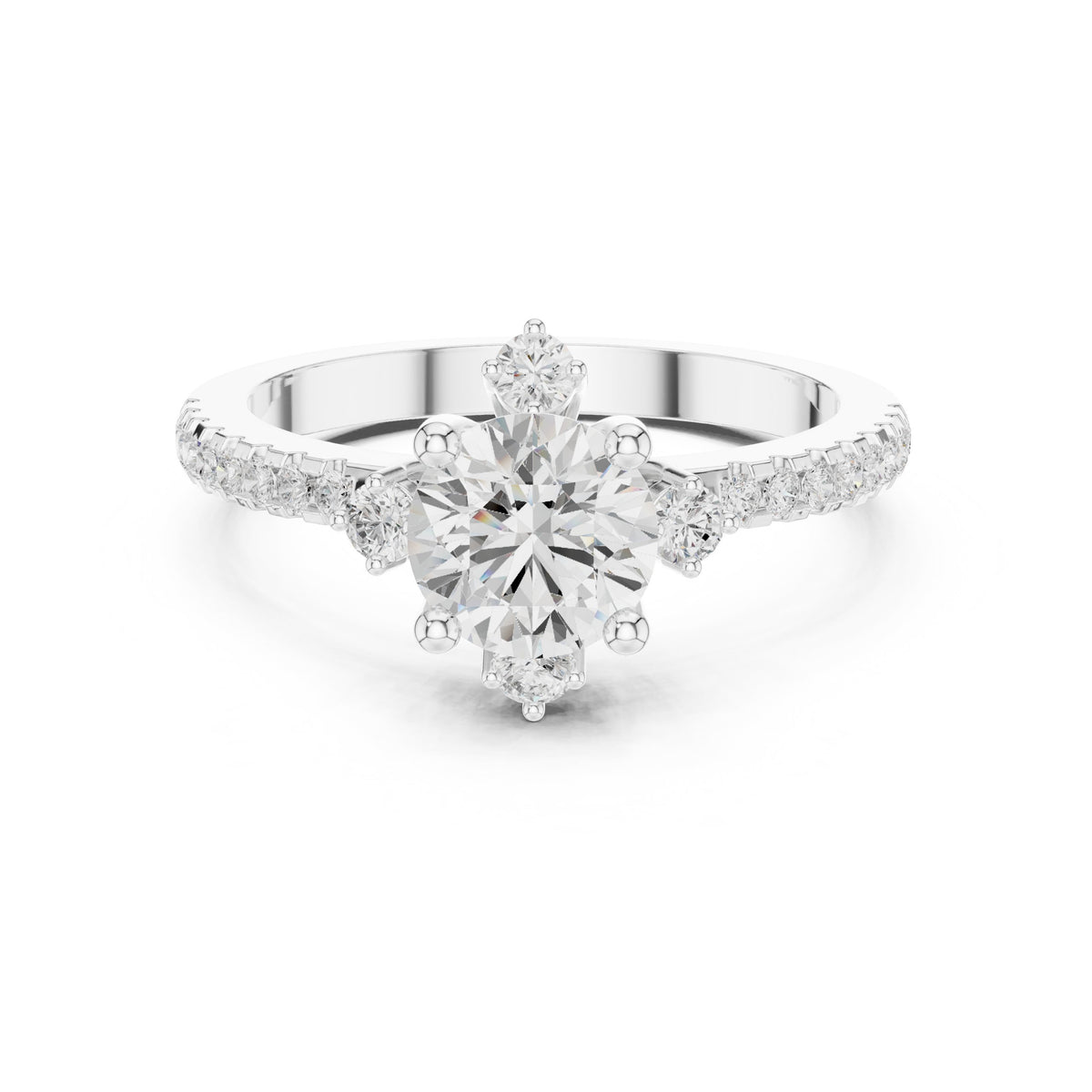 Round Diamond Engagement Ring with Crown Top Accents and Pavé Band