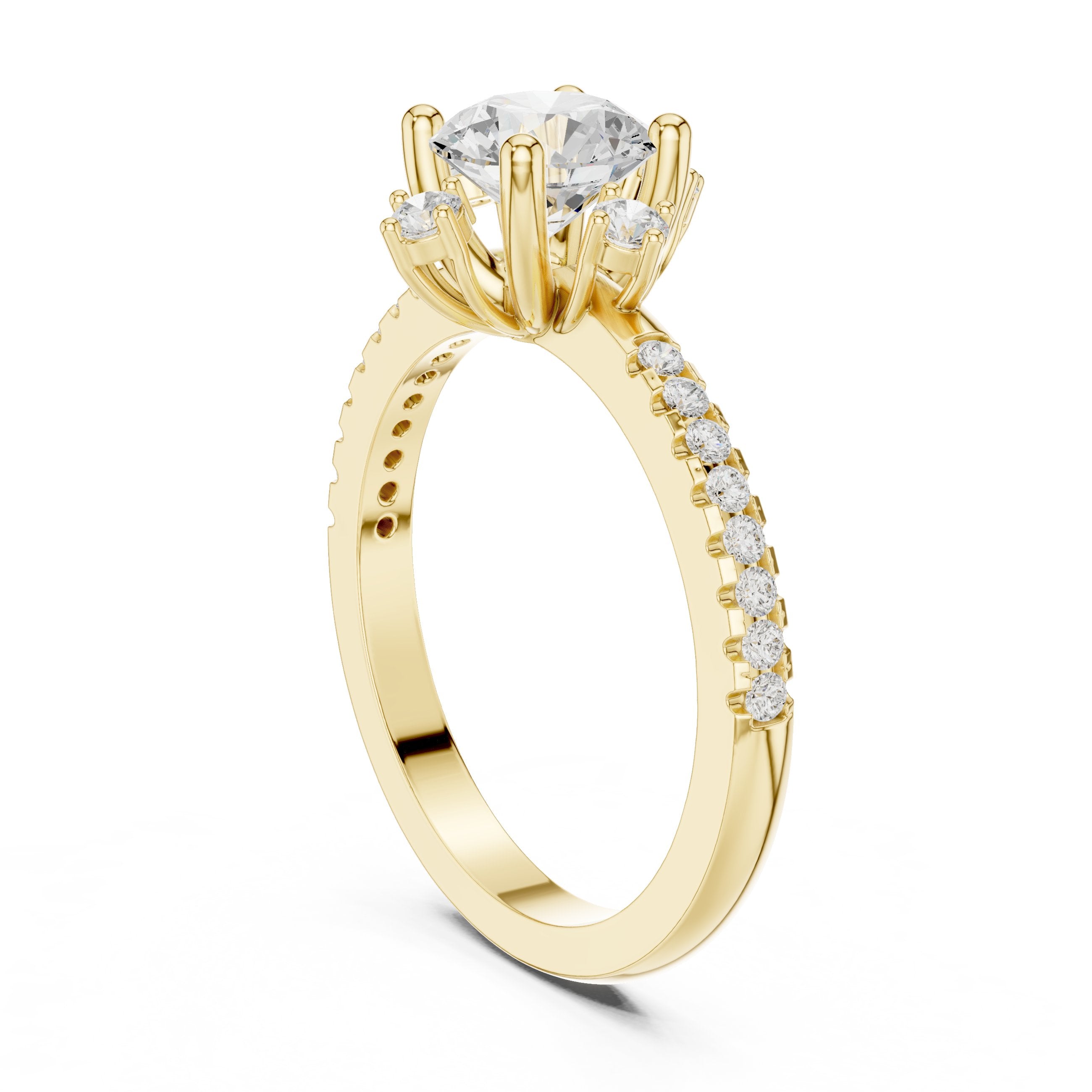 Round Diamond Engagement Ring with Crown Top Accents and Pavé Band in Yellow Gold - VYKA Diamonds