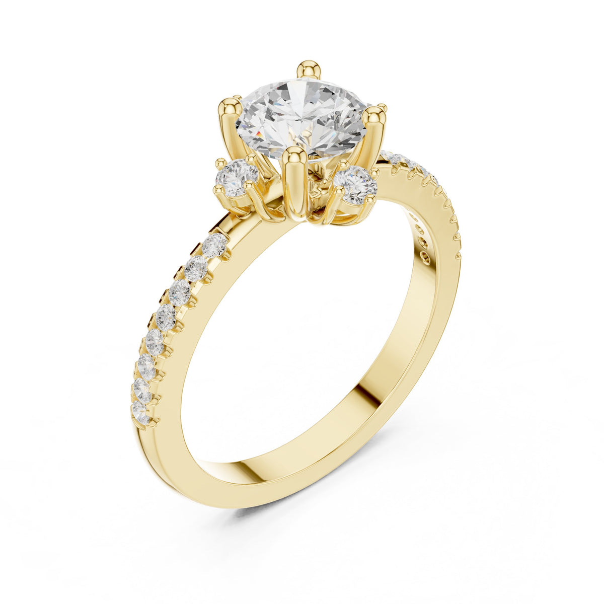 Round Diamond Engagement Ring with Crown Top Accents and Pavé Band