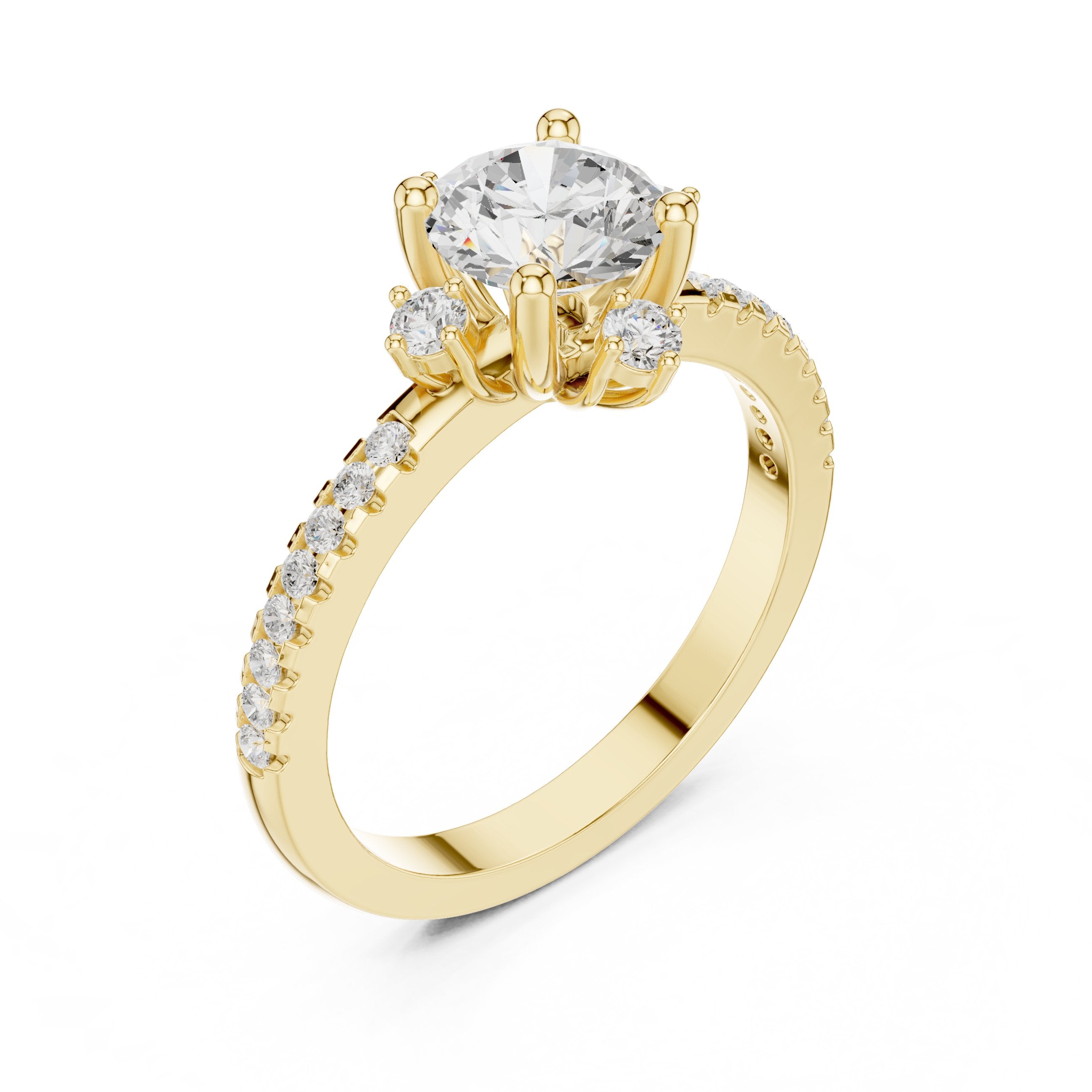 Round Diamond Engagement Ring with Crown Top Accents and Pavé Band in Yellow Gold - VYKA Diamonds