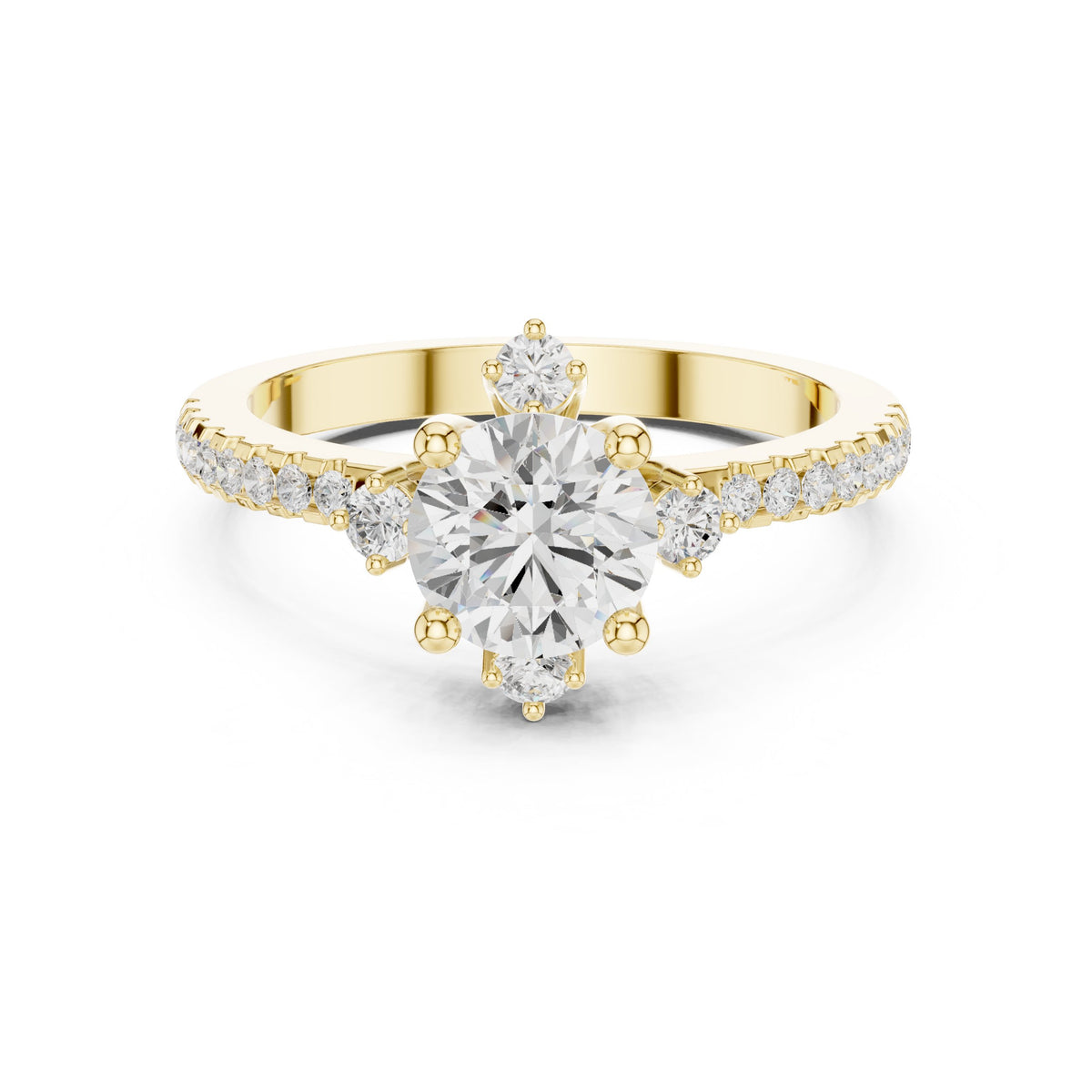 Round Diamond Engagement Ring with Crown Top Accents and Pavé Band