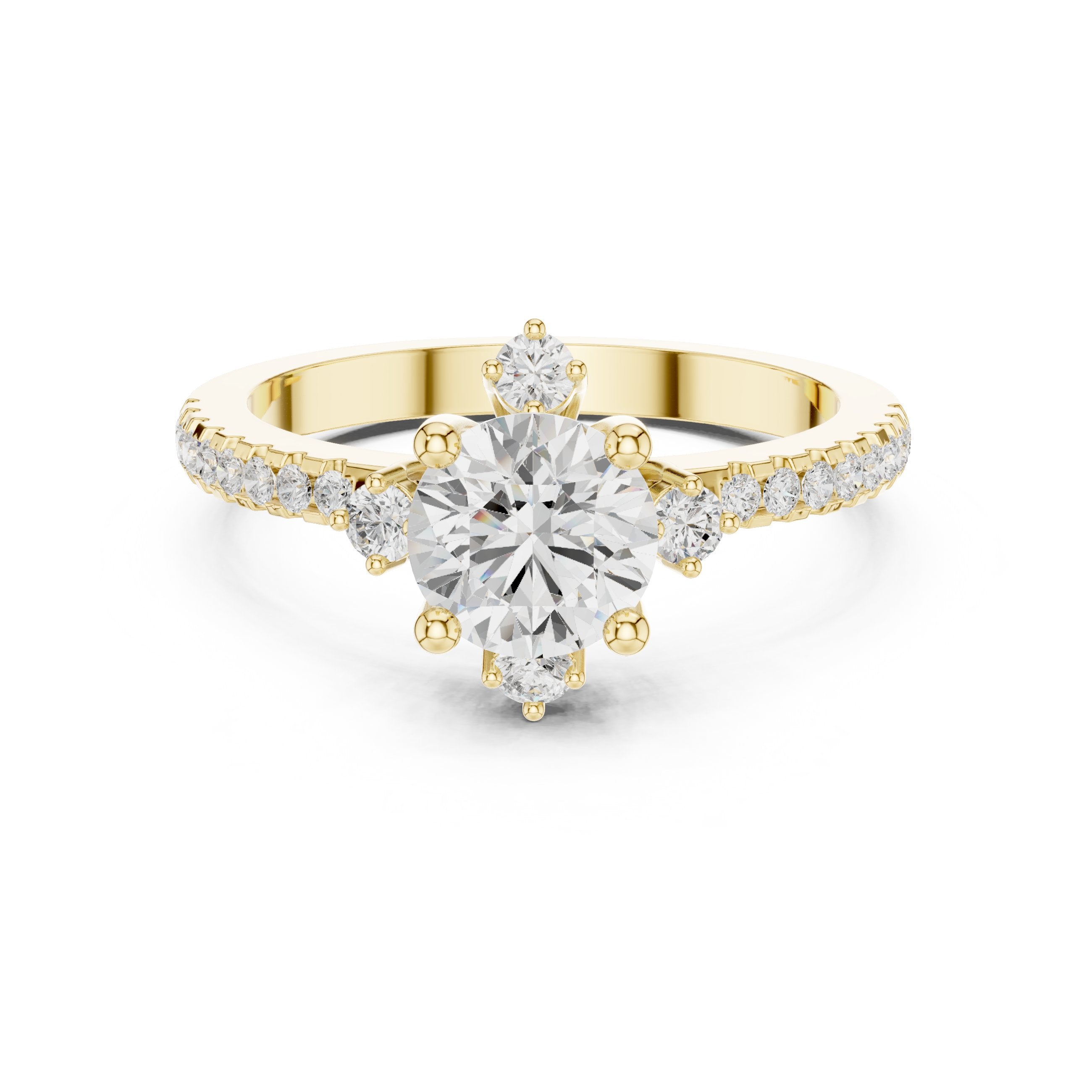 Round Diamond Engagement Ring with Crown Top Accents and Pavé Band in Yellow Gold - VYKA Diamonds