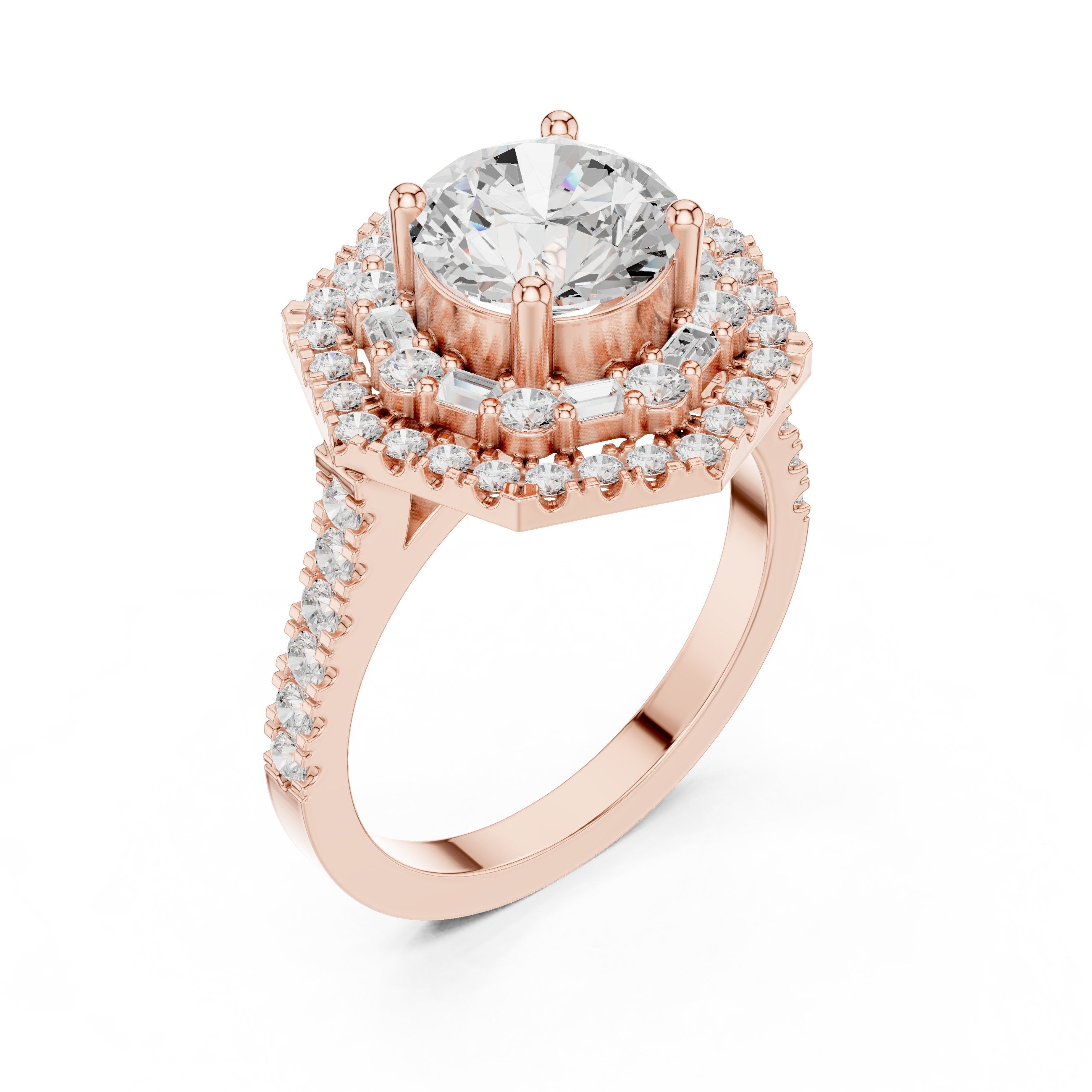 Round Diamond Octagonal Halo Engagement Ring with Pavé Band in Rose Gold - VYKA Diamonds