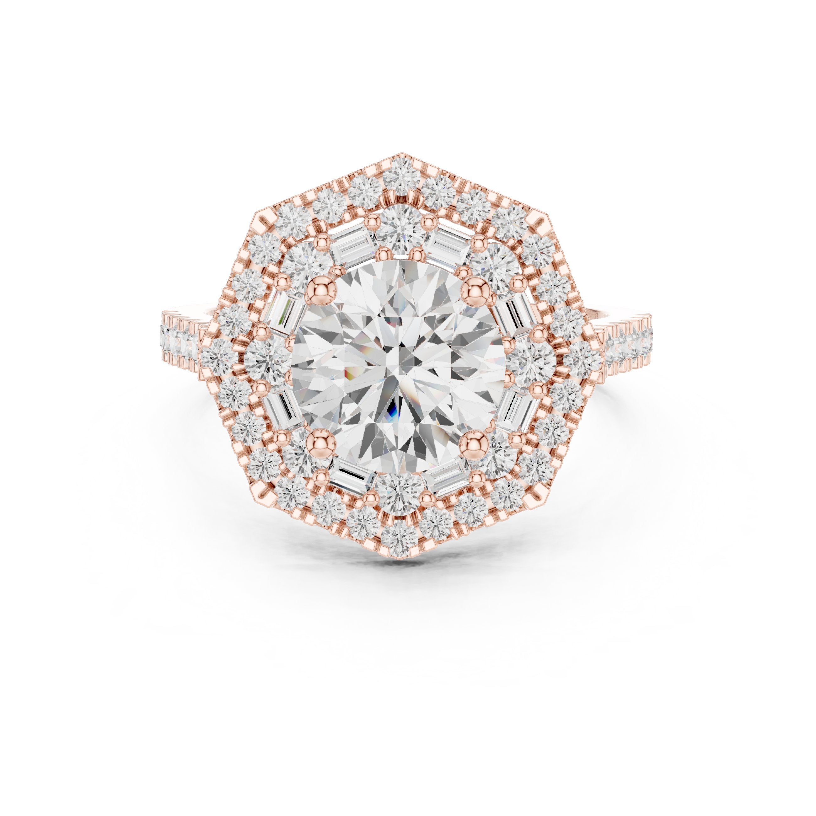 Round Diamond Octagonal Halo Engagement Ring with Pavé Band in Rose Gold - VYKA Diamonds