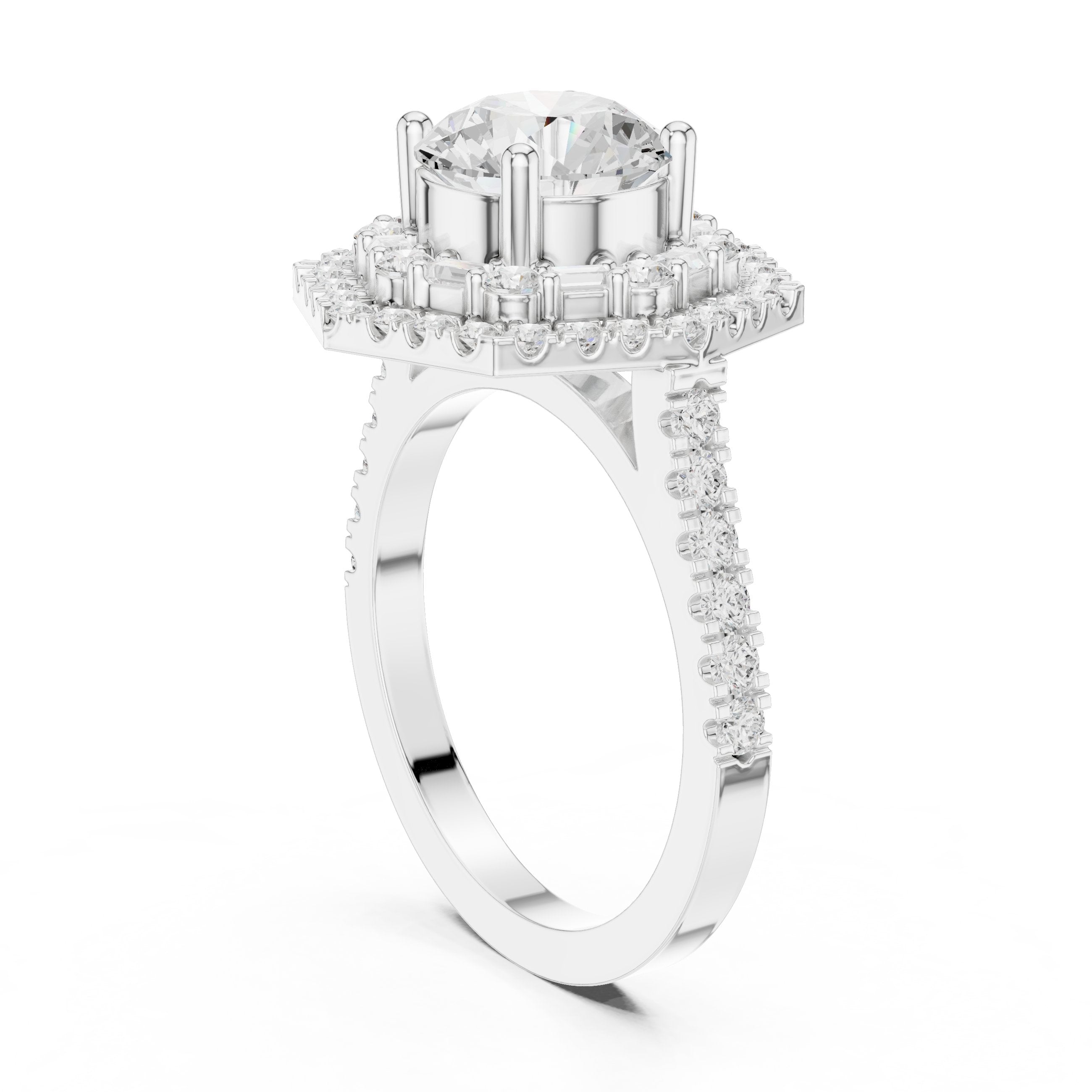 Round Diamond Octagonal Halo Engagement Ring with Pavé Band in White Gold - VYKA Diamonds