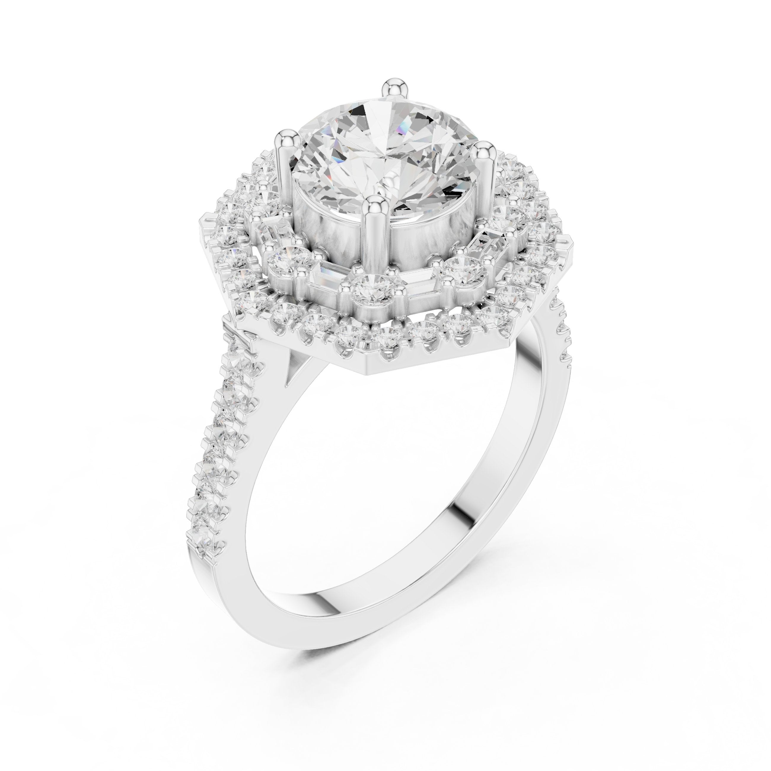 Round Diamond Octagonal Halo Engagement Ring with Pavé Band in White Gold - VYKA Diamonds
