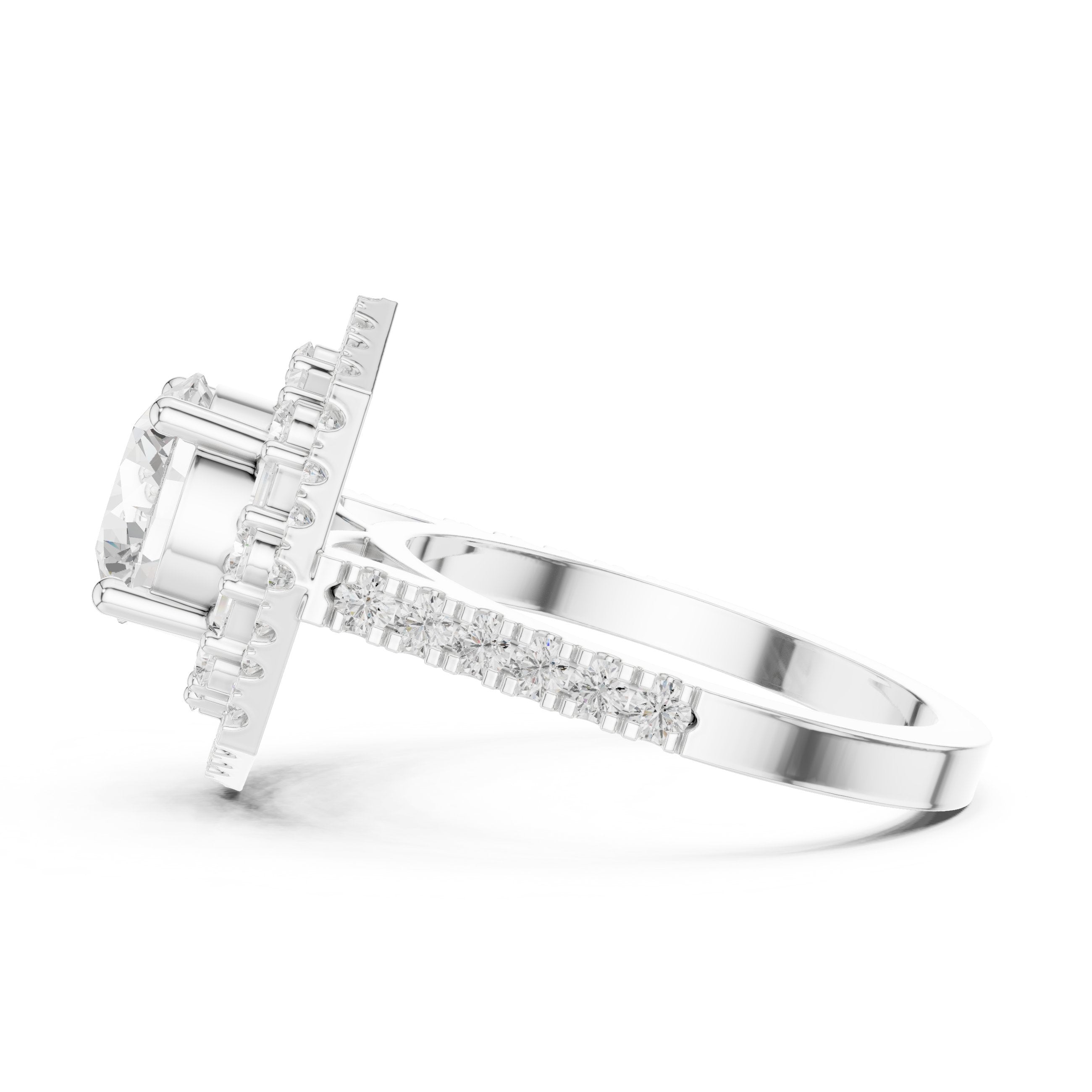 Round Diamond Octagonal Halo Engagement Ring with Pavé Band in White Gold - VYKA Diamonds