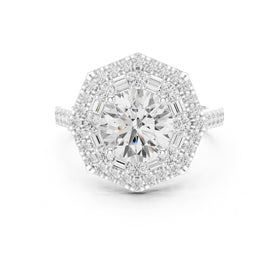 Round Diamond Octagonal Halo Engagement Ring with Pavé Band