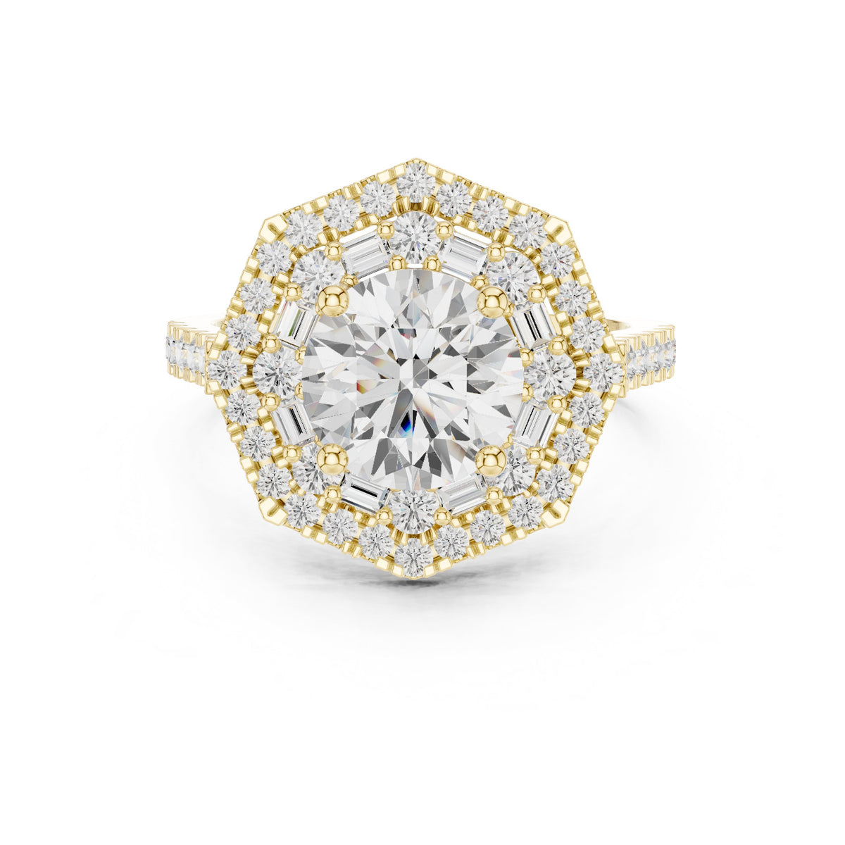 Round Diamond Octagonal Halo Engagement Ring with Pavé Band