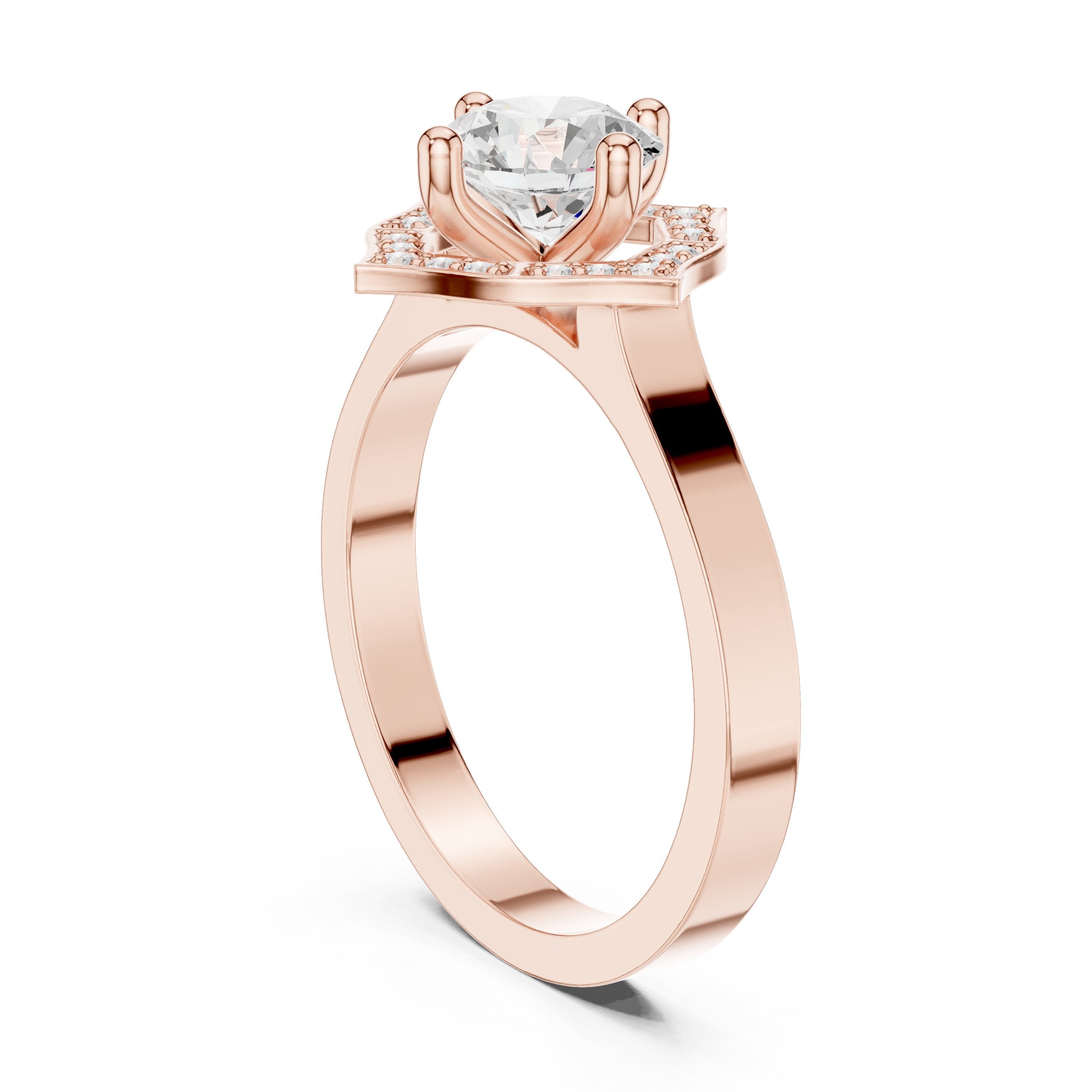 Round Diamond Art Deco Halo Engagement Ring in Rose Gold - VYKA Diamonds