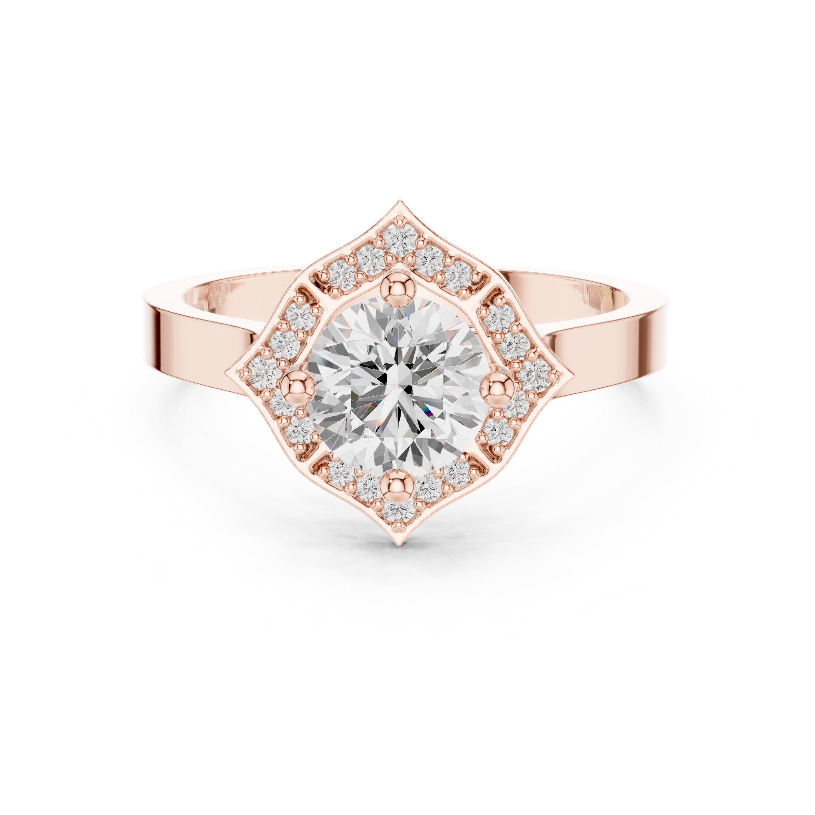 Round Diamond Art Deco Halo Engagement Ring in Rose Gold - VYKA Diamonds