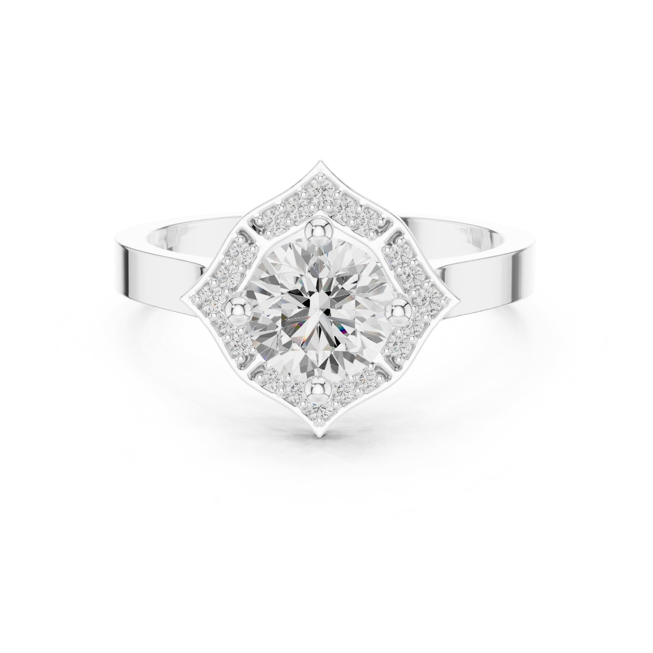 Round Diamond Art Deco Halo Engagement Ring in White Gold - VYKA Diamonds