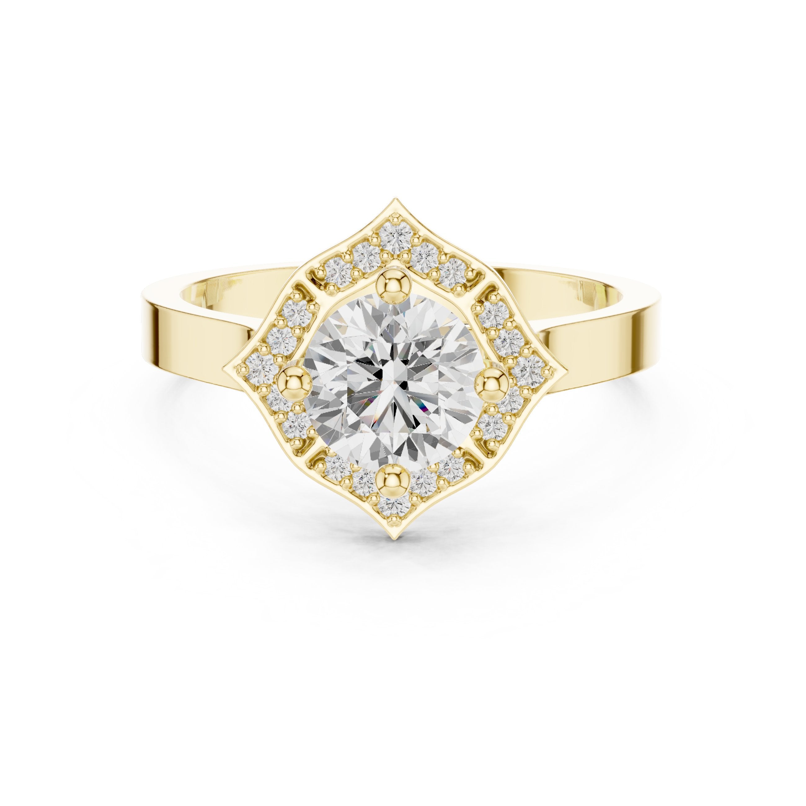 Round Diamond Art Deco Halo Engagement Ring in Yellow Gold - VYKA Diamonds