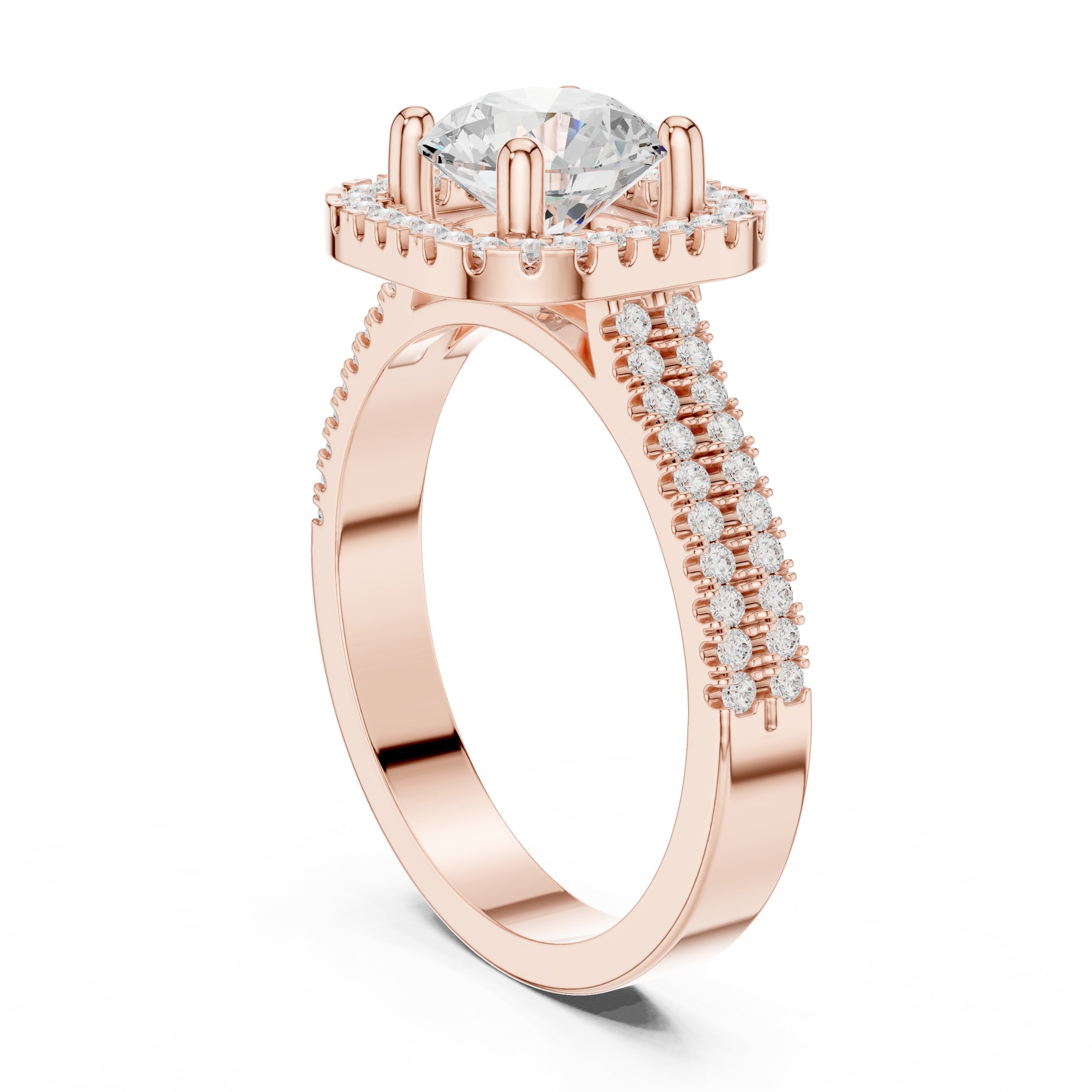 Round Diamond Cushion Halo Engagement Ring with Vintage Braided Pavé Band in Rose Gold - VYKA Diamonds