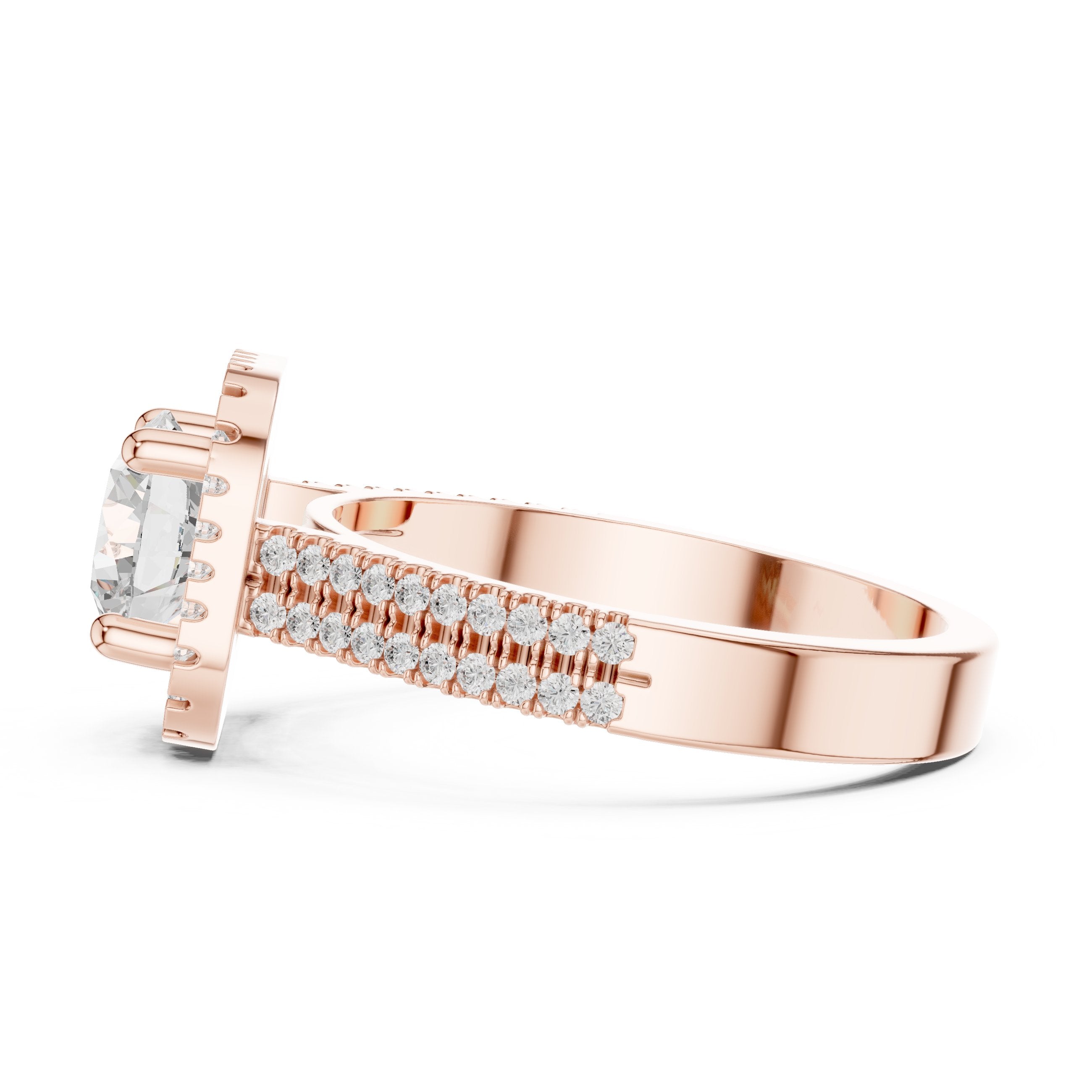 Round Diamond Cushion Halo Engagement Ring with Vintage Braided Pavé Band in Rose Gold - VYKA Diamonds