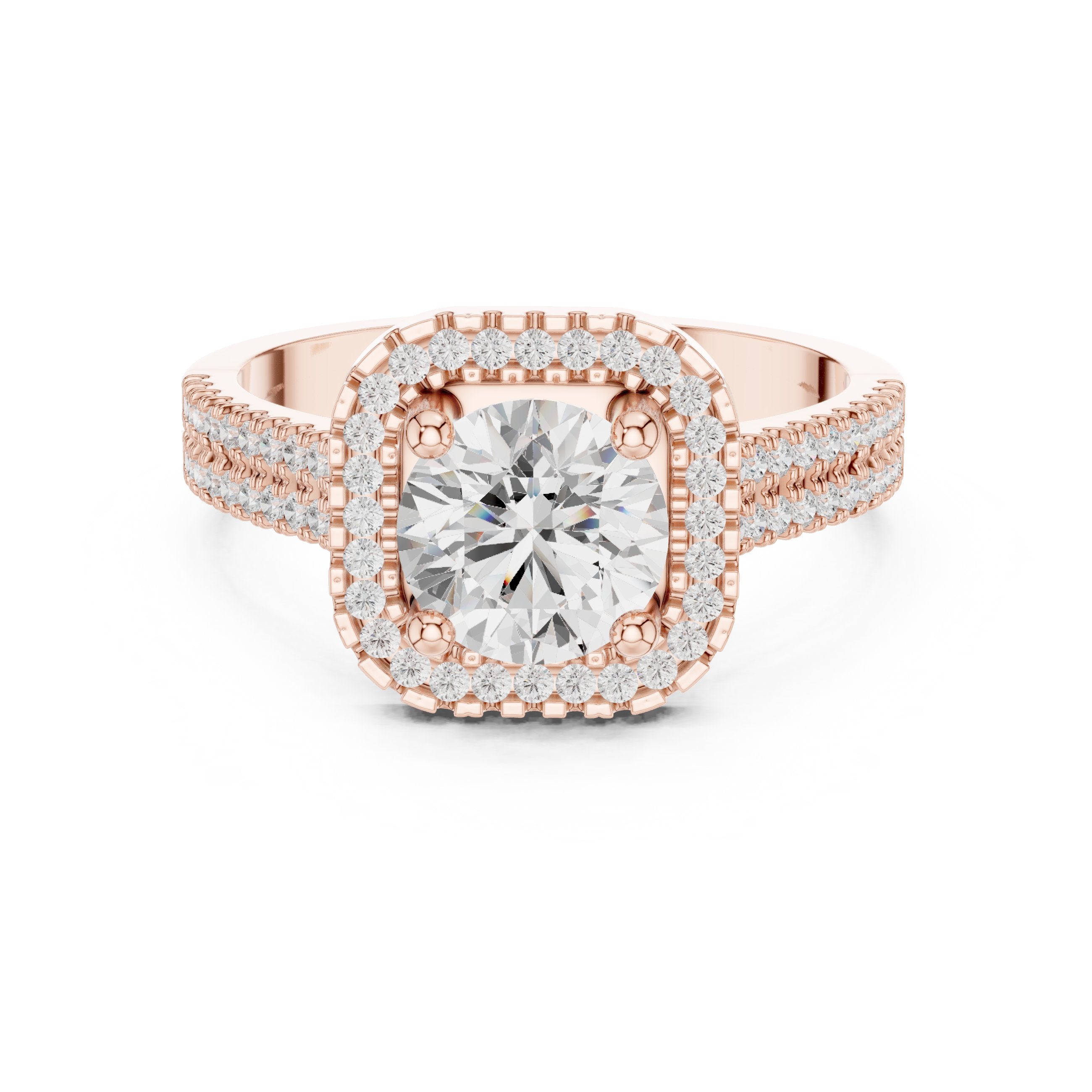 Round Diamond Cushion Halo Engagement Ring with Vintage Braided Pavé Band in Rose Gold - VYKA Diamonds