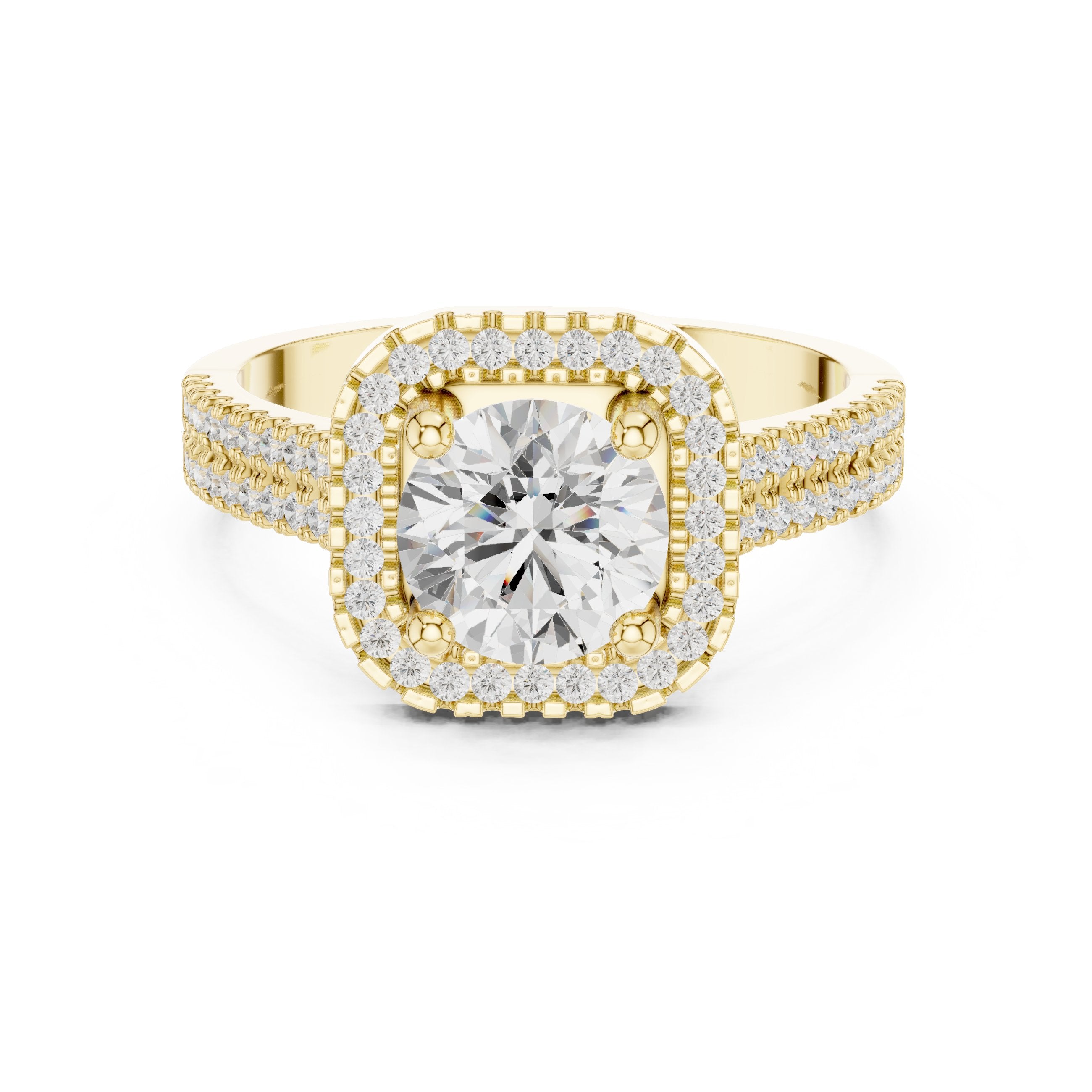 Round Diamond Cushion Halo Engagement Ring with Vintage Braided Pavé Band in Yellow Gold - VYKA Diamonds