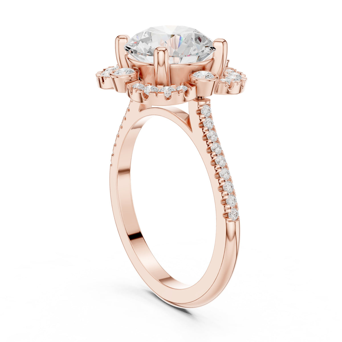 Round Diamond Halo Engagement Ring with Multi-Row Pavé Band