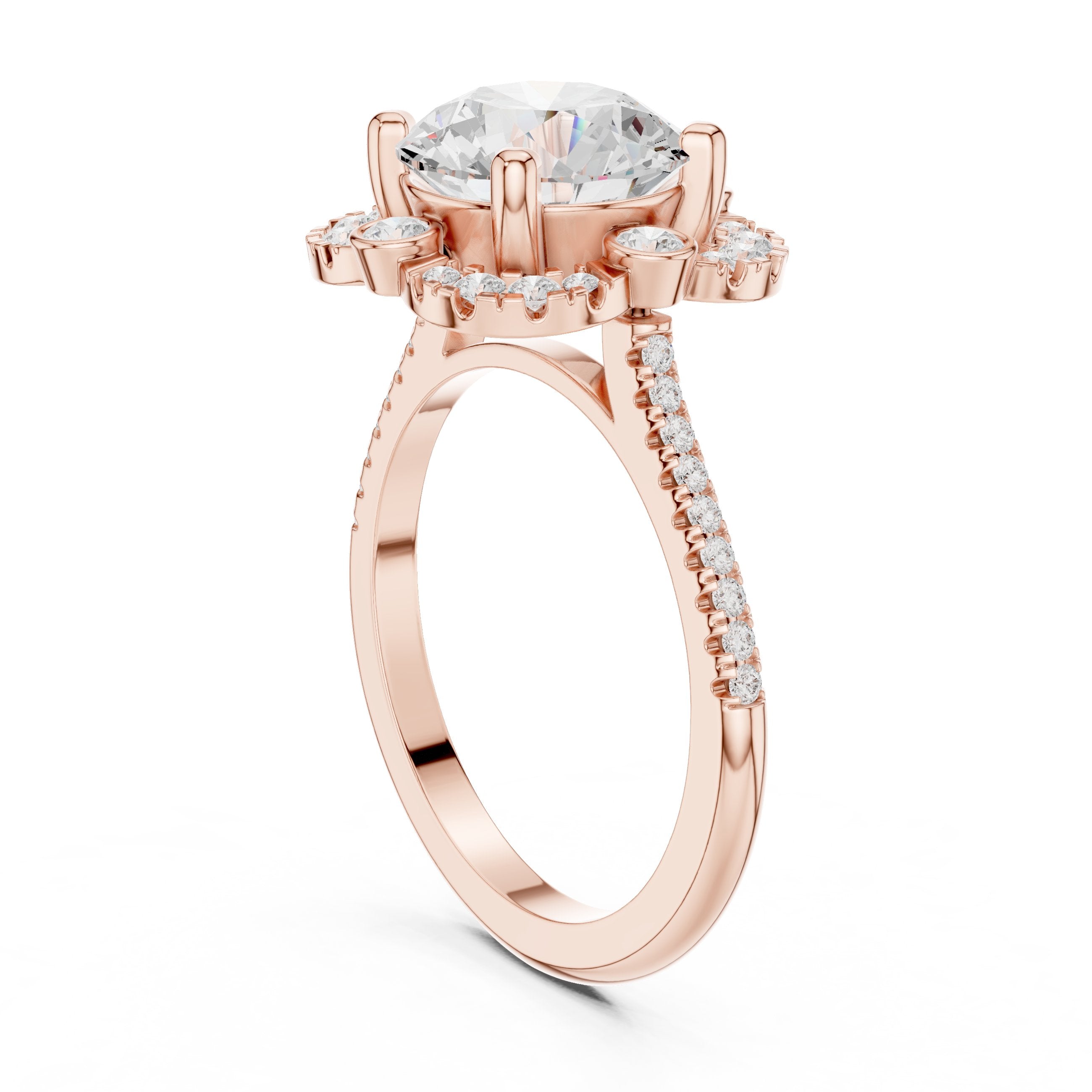 Round Diamond Halo Engagement Ring with Multi-Row Pavé Band in Rose Gold - VYKA Diamonds