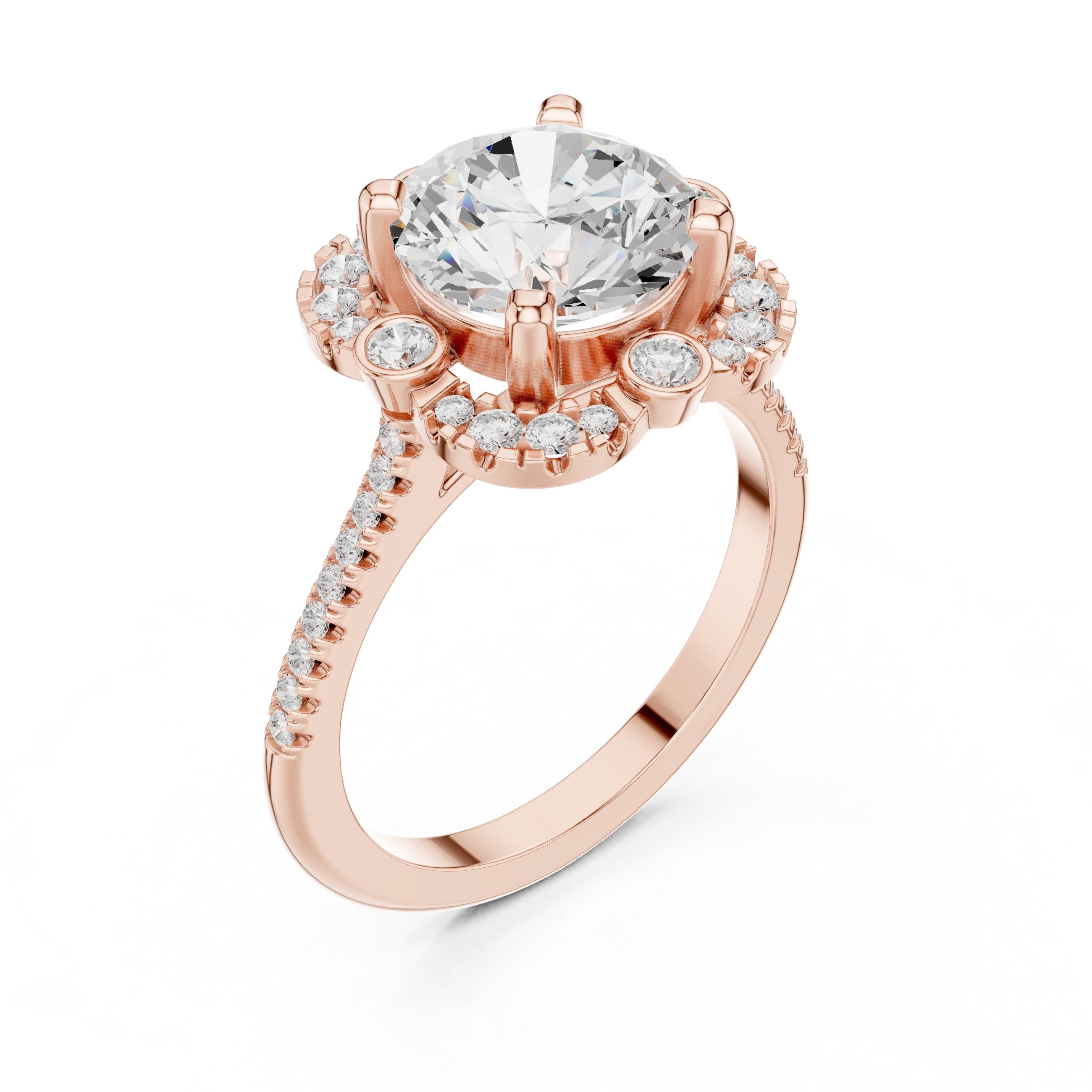Round Diamond Halo Engagement Ring with Multi-Row Pavé Band in Rose Gold - VYKA Diamonds