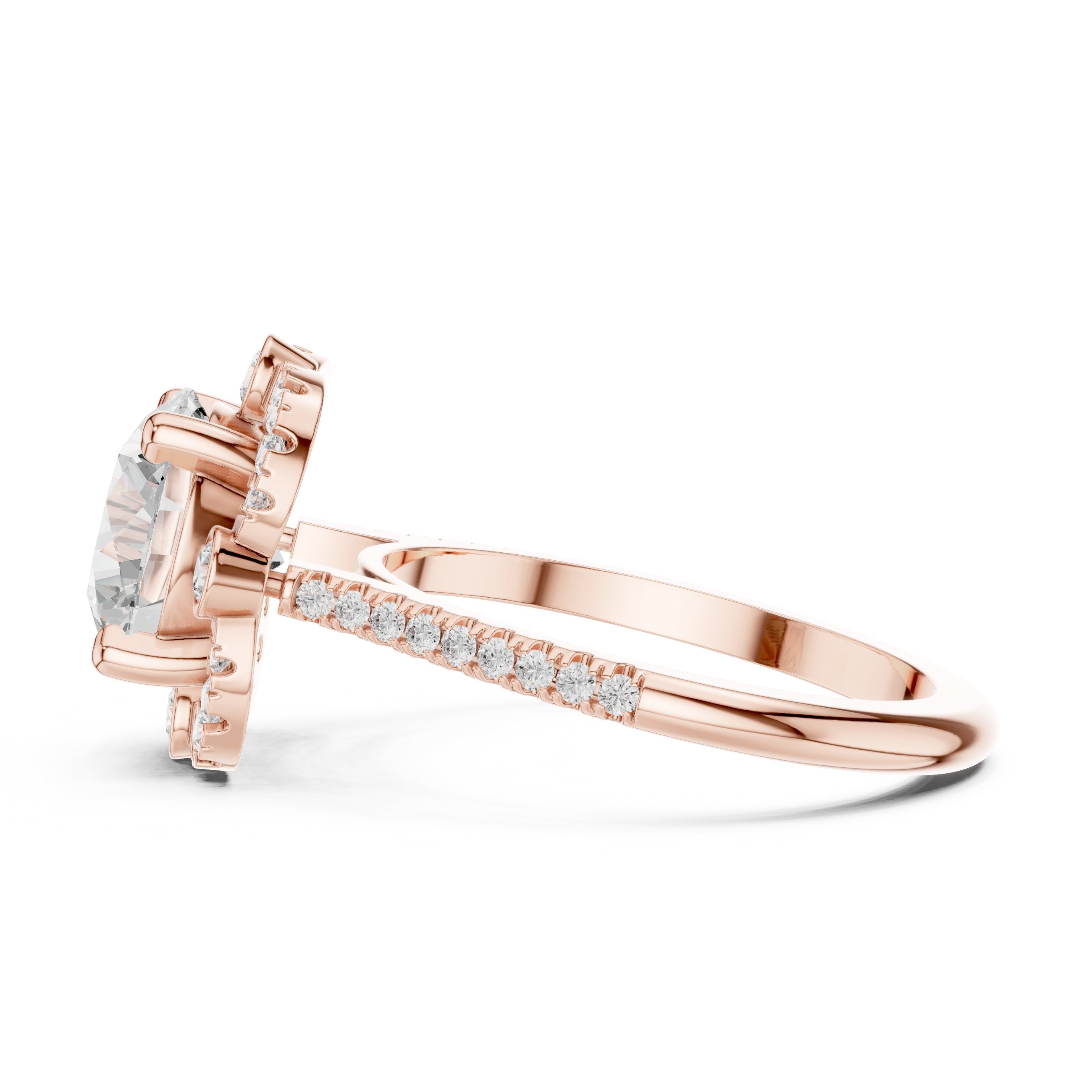 Round Diamond Halo Engagement Ring with Multi-Row Pavé Band in Rose Gold - VYKA Diamonds