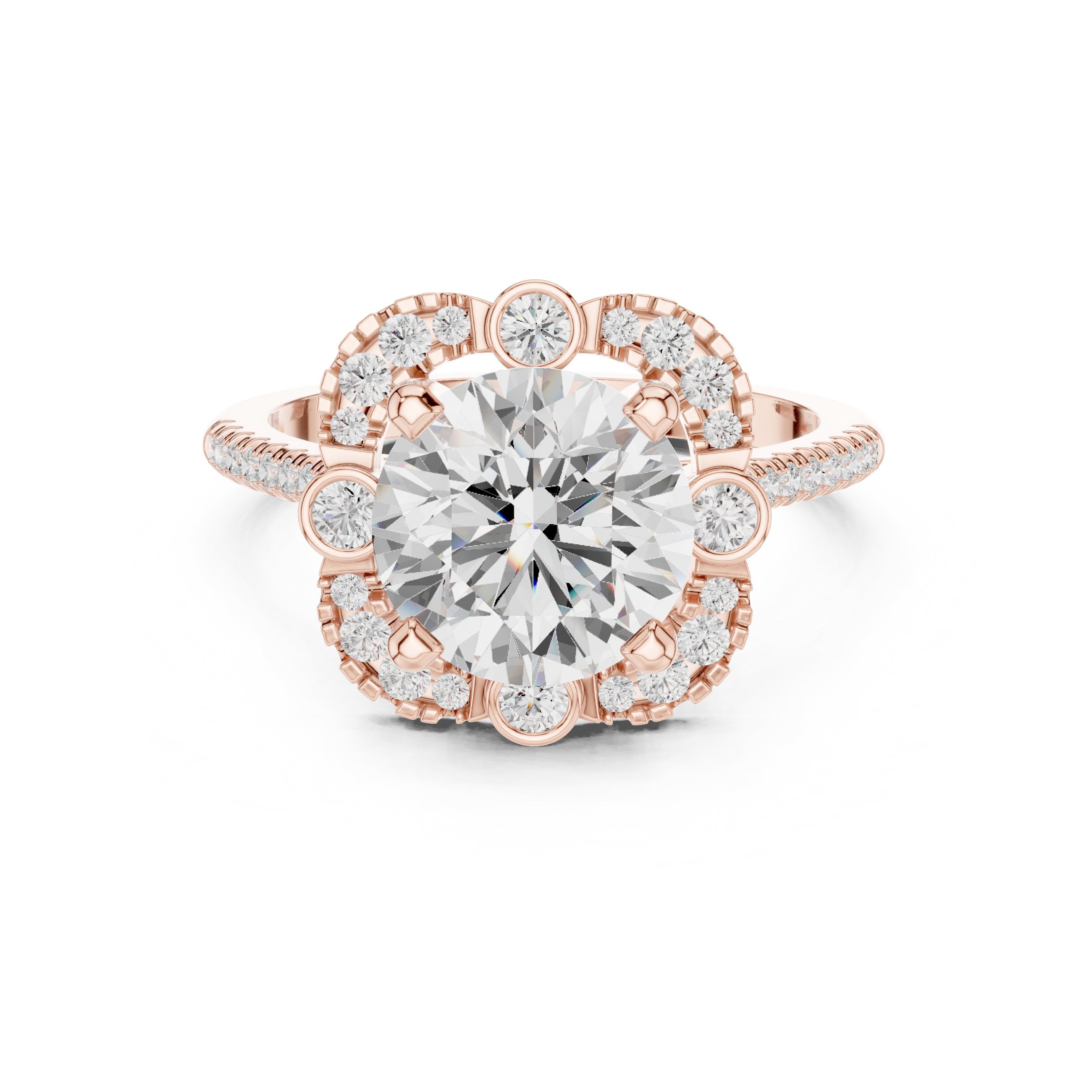 Round Diamond Halo Engagement Ring with Multi-Row Pavé Band in Rose Gold - VYKA Diamonds