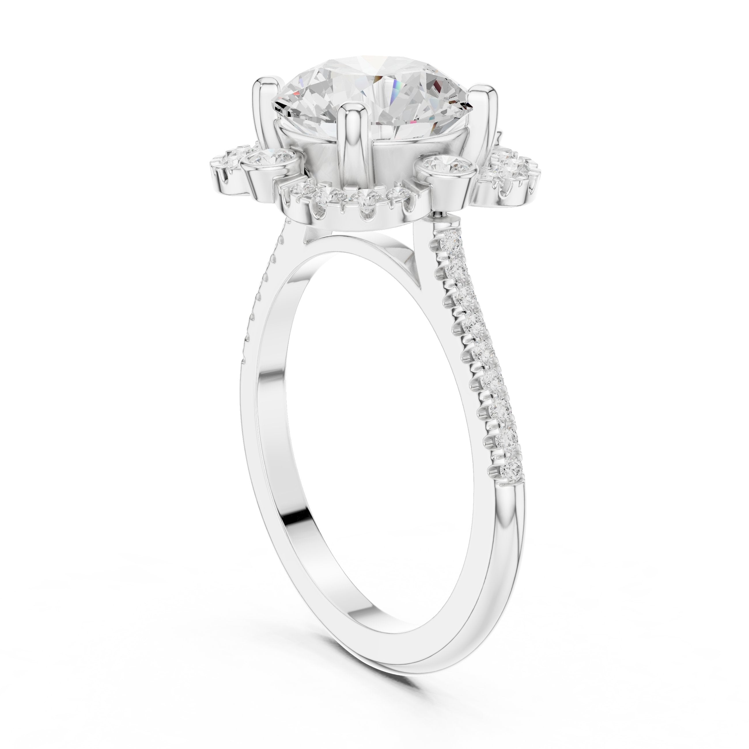 Round Diamond Halo Engagement Ring with Multi-Row Pavé Band in White Gold - VYKA Diamonds