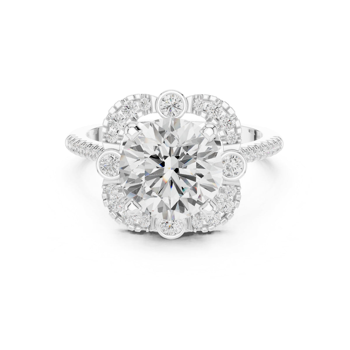 Round Diamond Halo Engagement Ring with Multi-Row Pavé Band