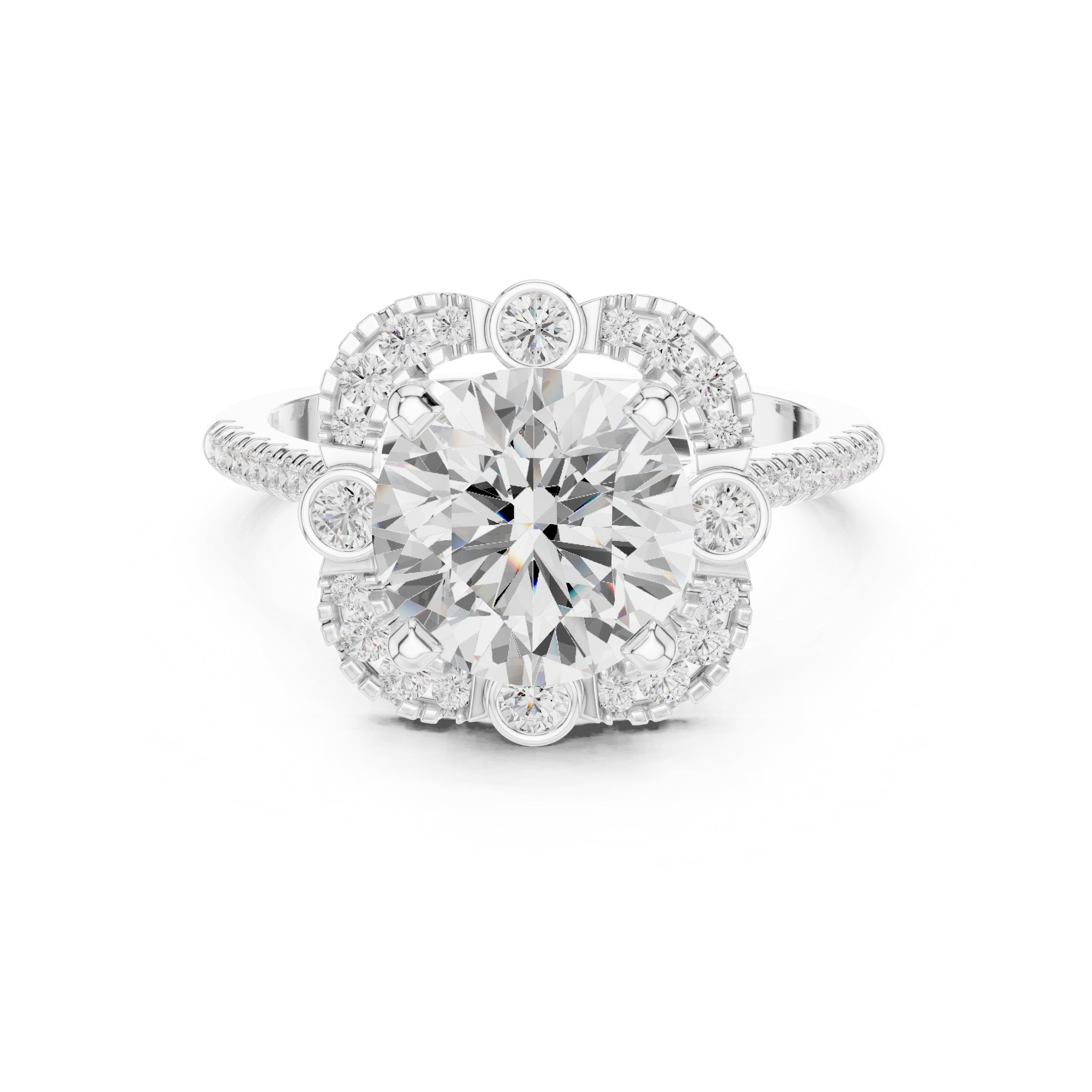 Round Diamond Halo Engagement Ring with Multi-Row Pavé Band in White Gold - VYKA Diamonds