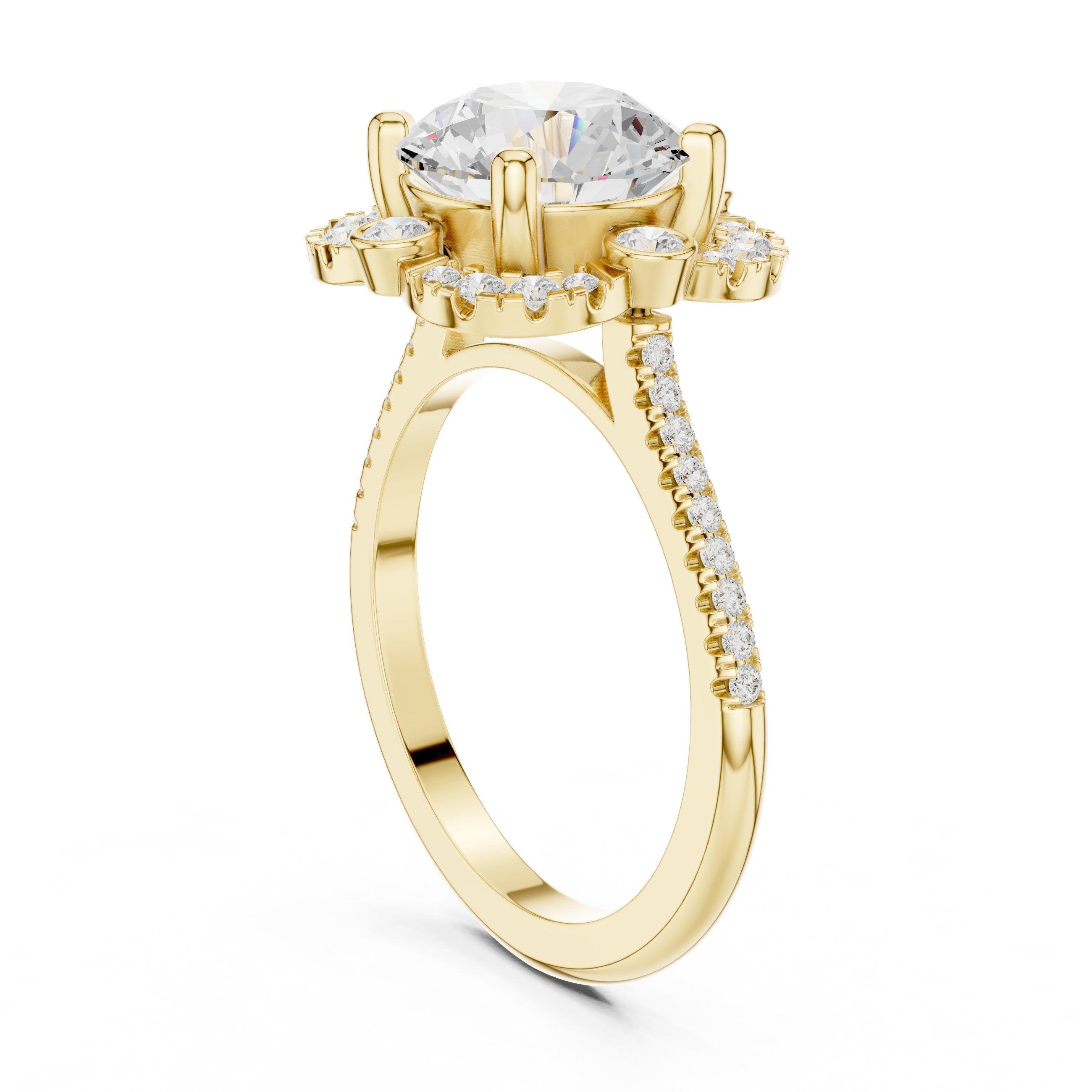 Round Diamond Halo Engagement Ring with Multi-Row Pavé Band in Yellow Gold - VYKA Diamonds