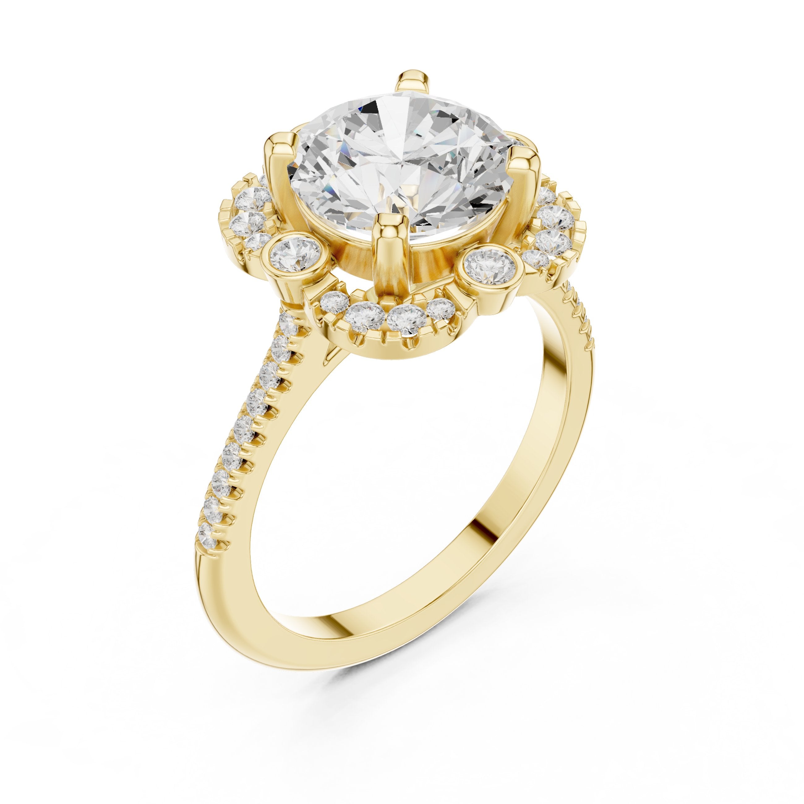 Round Diamond Halo Engagement Ring with Multi-Row Pavé Band in Yellow Gold - VYKA Diamonds