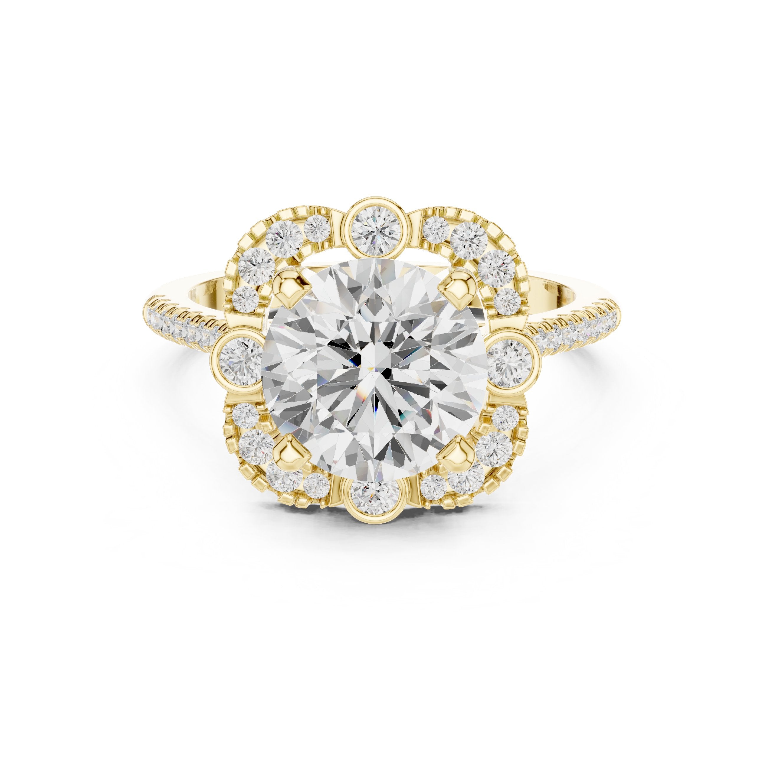 Round Diamond Halo Engagement Ring with Multi-Row Pavé Band in Yellow Gold - VYKA Diamonds