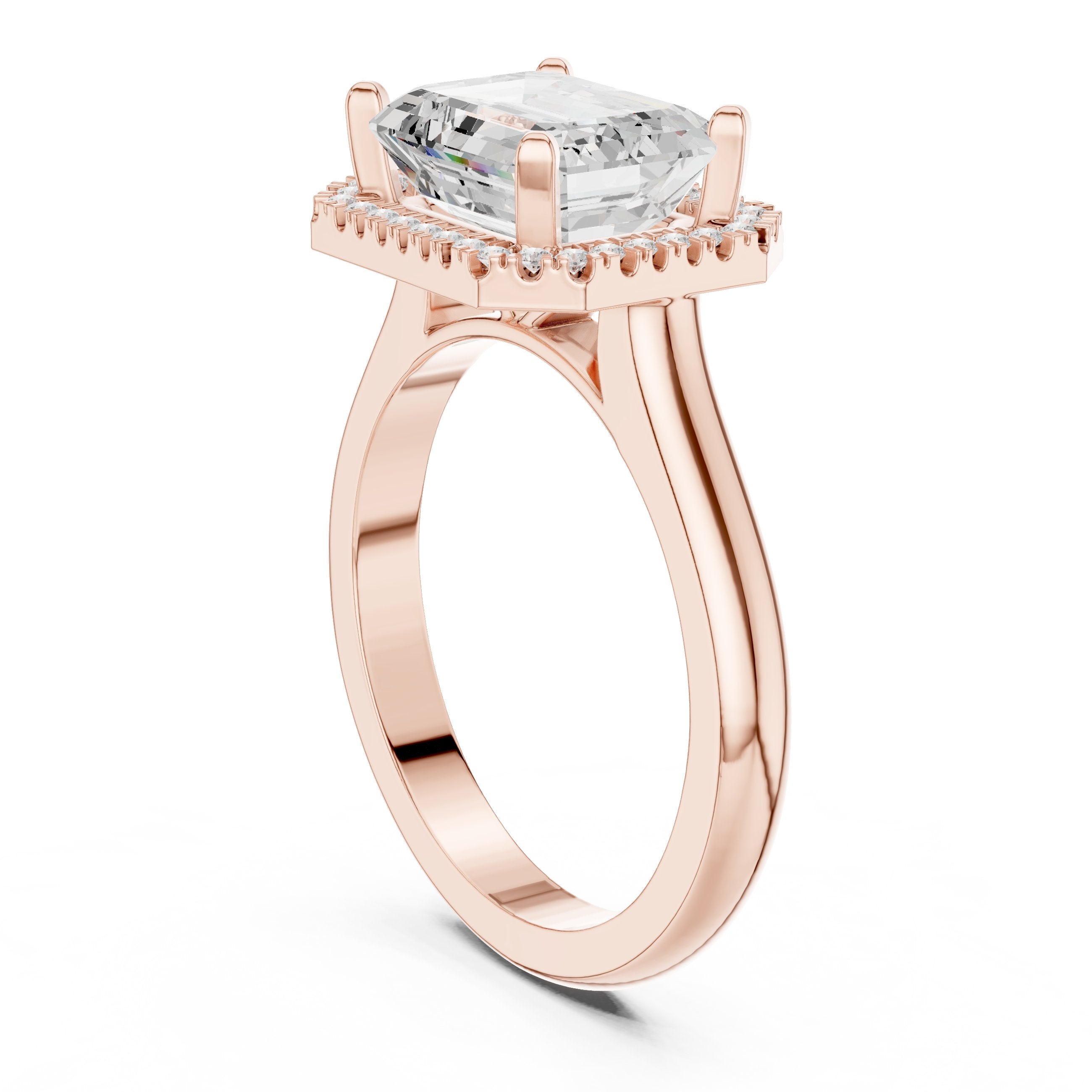 Emerald Cut East-West Halo Engagement Ring in Rose Gold - VYKA Diamonds