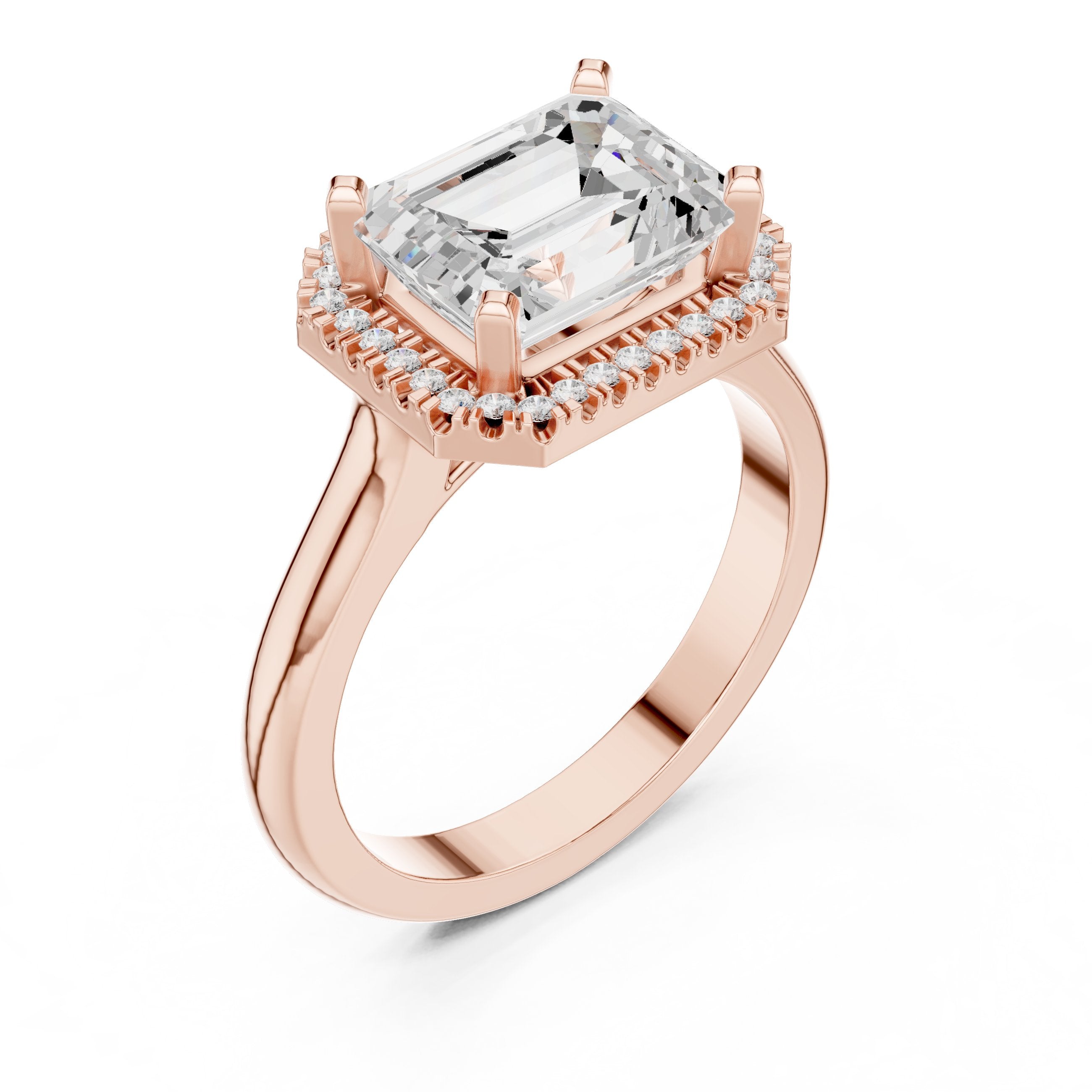 Emerald Cut East-West Halo Engagement Ring in Rose Gold - VYKA Diamonds